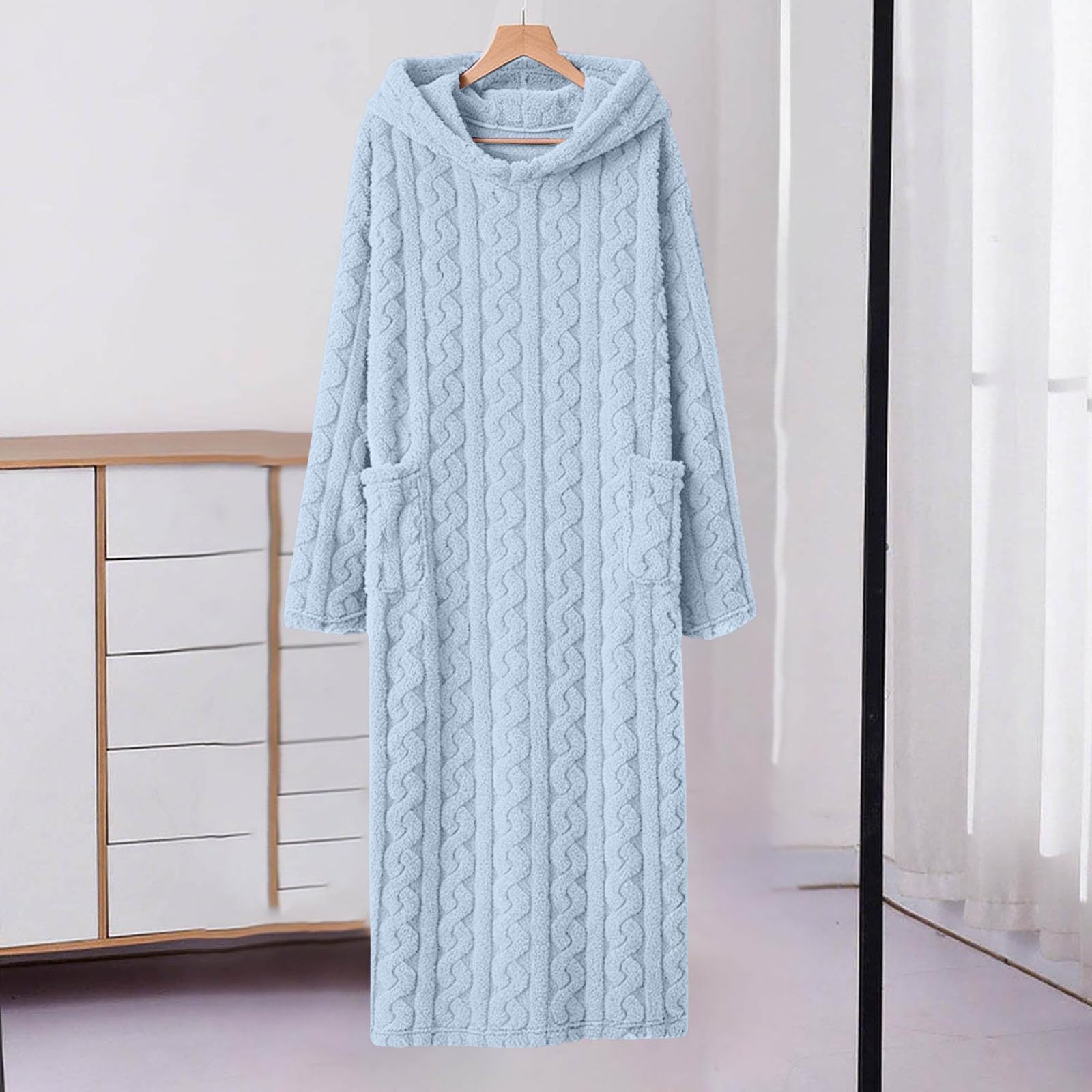 Albornoz con capucha para mujer, para otoño e invierno, cómodo, suave, largo, acogedor, cálido, de forro polar, con bolsillos, manga larga, mullido, de felpa, grueso, a la moda
