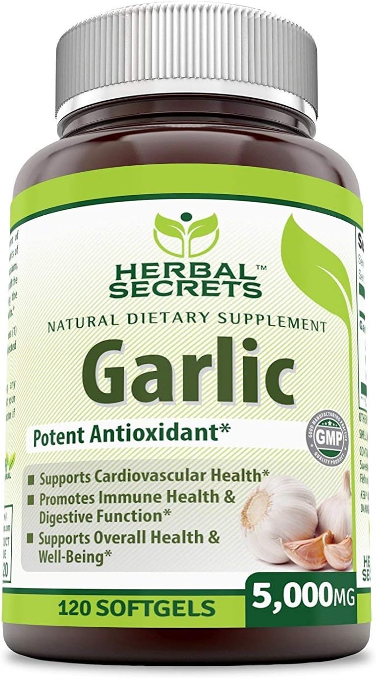 Herbal Secrets Garlic 5000 Mg 120 Softgels (Non-GMO)- Potent Antioxidant*- Supports Cardiovascular Health, Immune and Digestive Function, Supports Overall Health and Well Being* : Health & Household