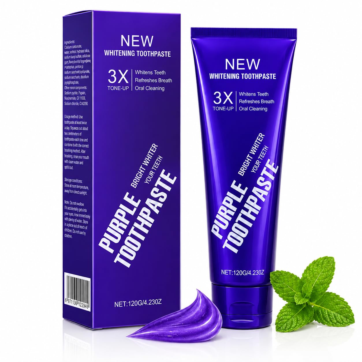Photo 1 of Purple 3X Whitening Toothpaste, Color Corrector Stain Remover for Teeth, Enamel Safe, Sensitive Teeth Friendly, Fluoride Toothpaste with Fresh Breath for Coffee Tea Stains (1pc)