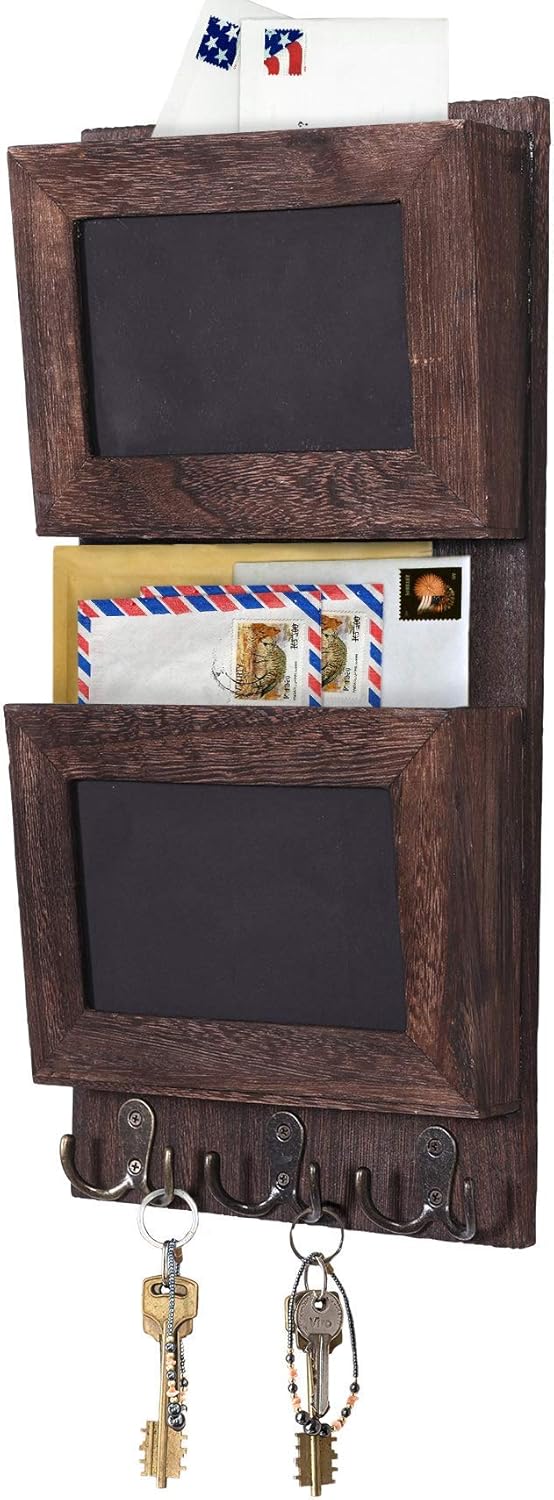 Rustic 2-Slot Mail Sorter Organizer for Wall with Chalkboard Surface & 3 Double Key Hooks - Wooden Wall Mount Mail Holder Organizer – Wall Décor for Entryway Made of Paulownia Wood - Torched Brown : Office Products