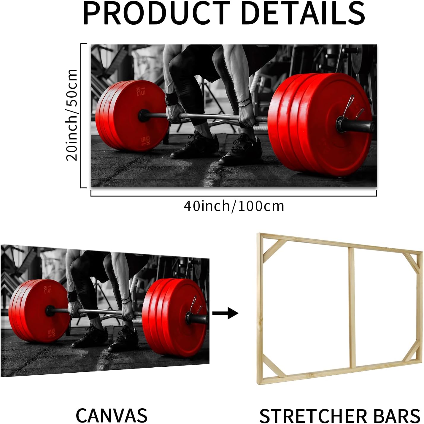 Muzenso Red Barbell Deadlift Canvas Wall Art 20x40 Inch Black and White Fitness Artwork with Red Weight Plates Motivational Strength Training Picture Modern Gym Office Home Decoration Stretched Canvas Ready to Hang