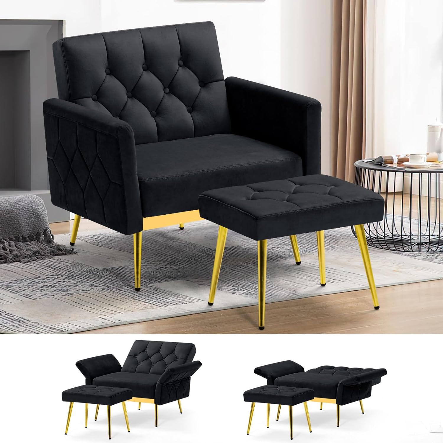 Velvet Accent Chair w/Adjustable Armrests and Backrests, Tufted Single Sofa with Ottoman, Upholstered Reading Chiar for Living Room, Apartment, Bedroom, Black