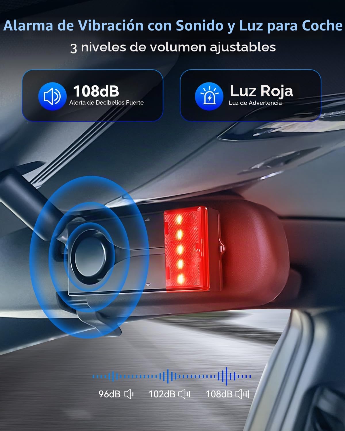 Sistema de alarma de coche de 108 dB, alarma antirrobo con sensor de vibración y alarma de luz roja, dispositivo remoto inalámbrico antirrobo con diseño de instalación magnética para coche, camión (2