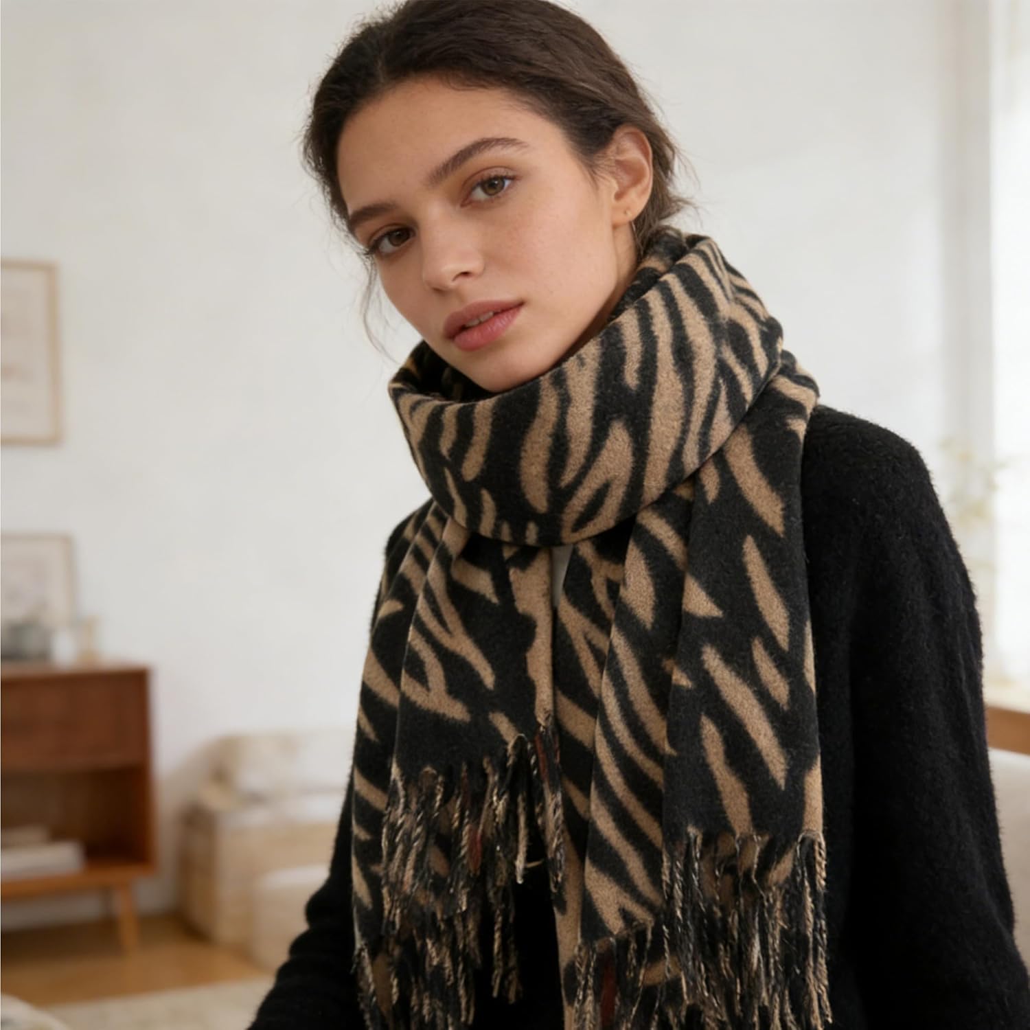 Women's Winter Shawl Scarves Leopard-Zebra Cashmere-Feel Warm Large Scarf w/Fringe Blanket Wraps Cold Weather - Image 4
