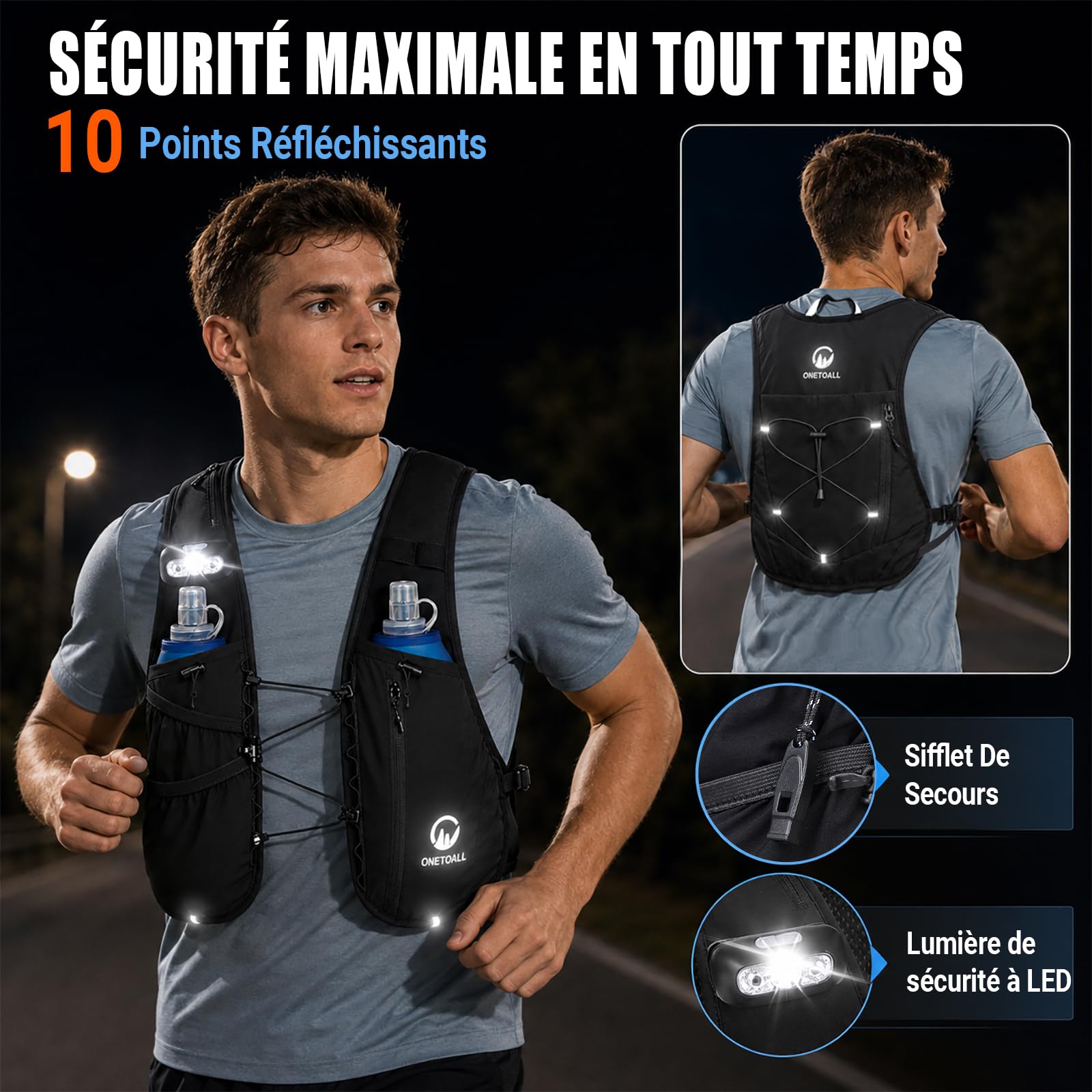 Gilet Hydratation Running Femme - 2 Gourdes Souples 500ml + Lumière LED, Sac de Course à Pied Léger pour Homme, Marathon, Trail, Randonnée