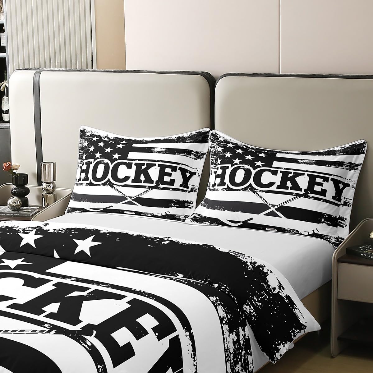 Loussiesd Zestaw pościeli do hokeja na lodzie Super King flaga dziecięca zestaw poszewek na kołdrę dla chłopców nastolatków sporty na lodzie gry 100% bawełna poszewka na kołdrę oddychająca krążek