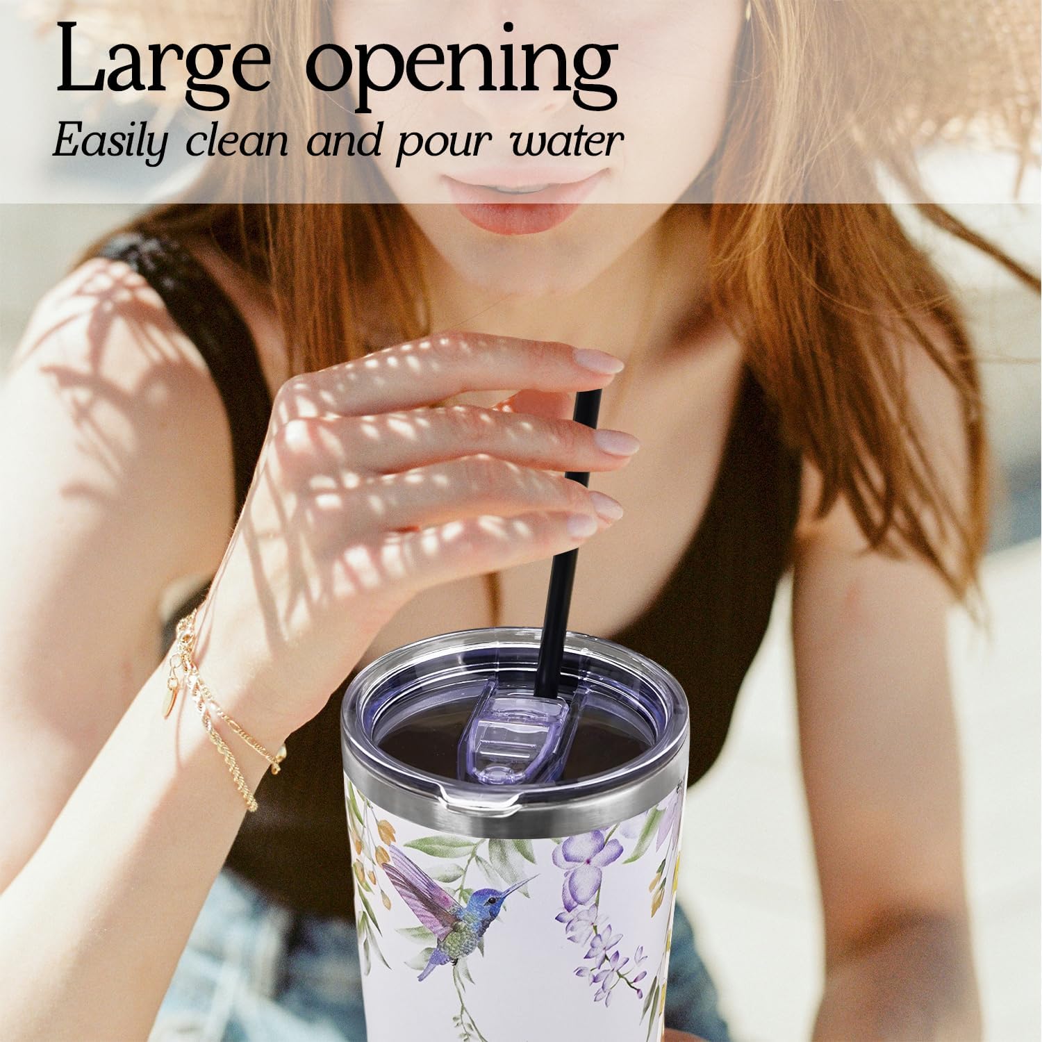 Hummingbird 40 Oz Tumbler with Handle and Straw, Bird Floral Big Stainless Steel Vacuum Insulated Tumbler Coffee Cup Water Bottle Travel Mug,Hummingbird Gifts for Women Decor Accessories, Purple White - Image 3