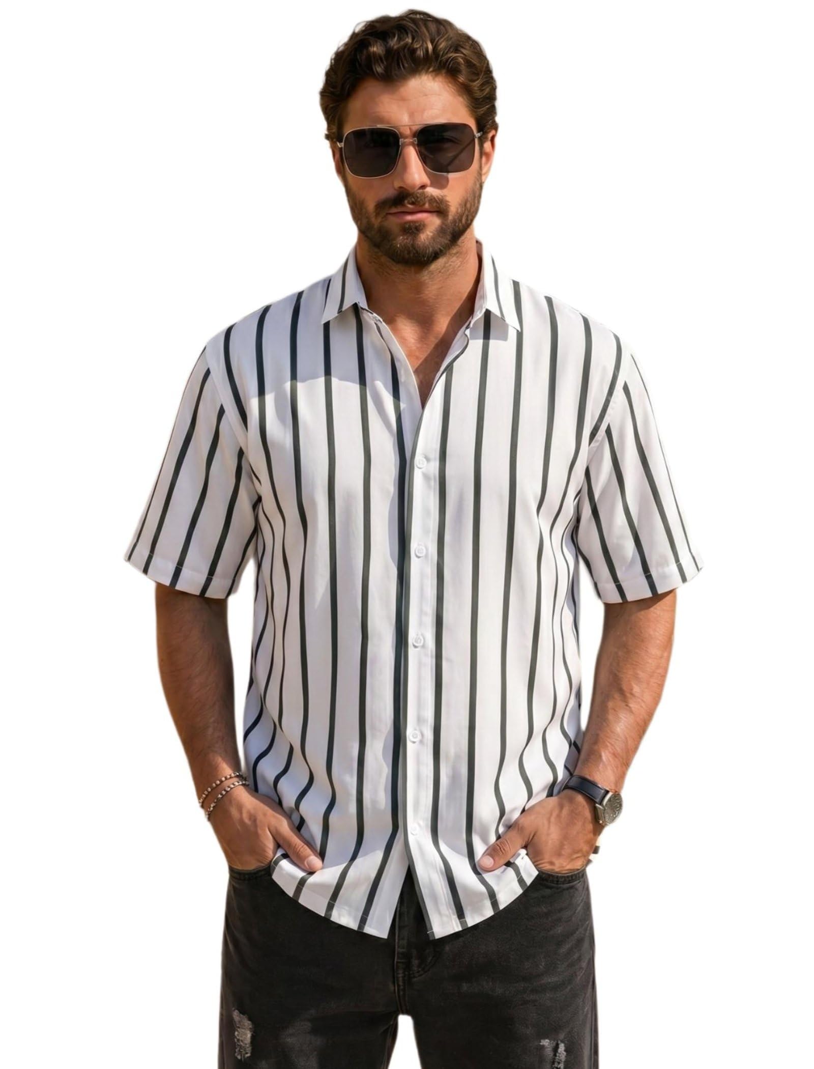 Men's Cotton Blend Printed Shirt with Spread Collared Neck Half Sleeves Oversized Straight Hem Length and Button Down Closure | Men's Shirts-image-19