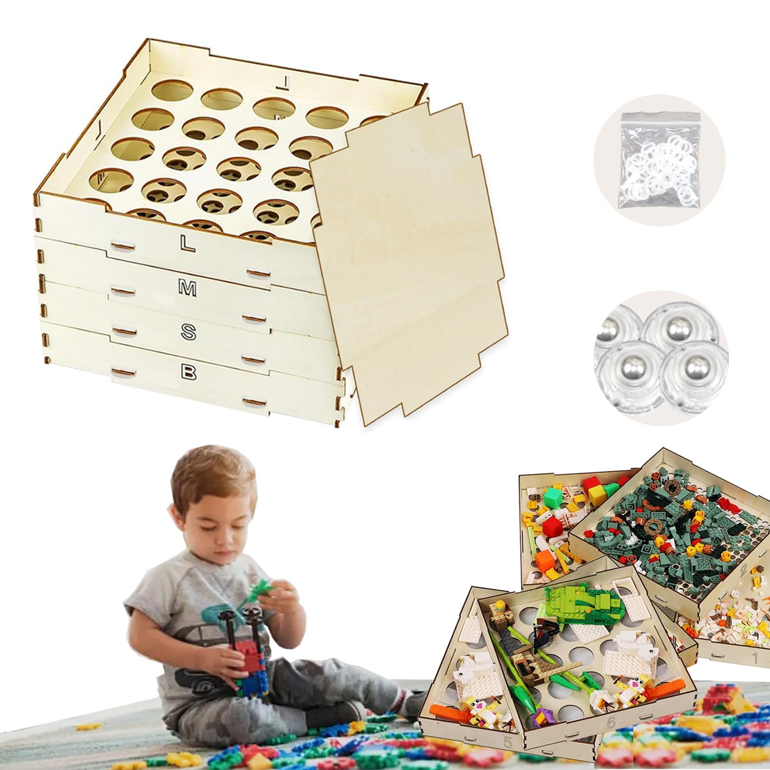 ABEST - Caja de almacenamiento minimalista de madera para bloques de construcción, 4 bandejas, 3 tamaños diferentes, 31 cm x 21 cm x 31 cm