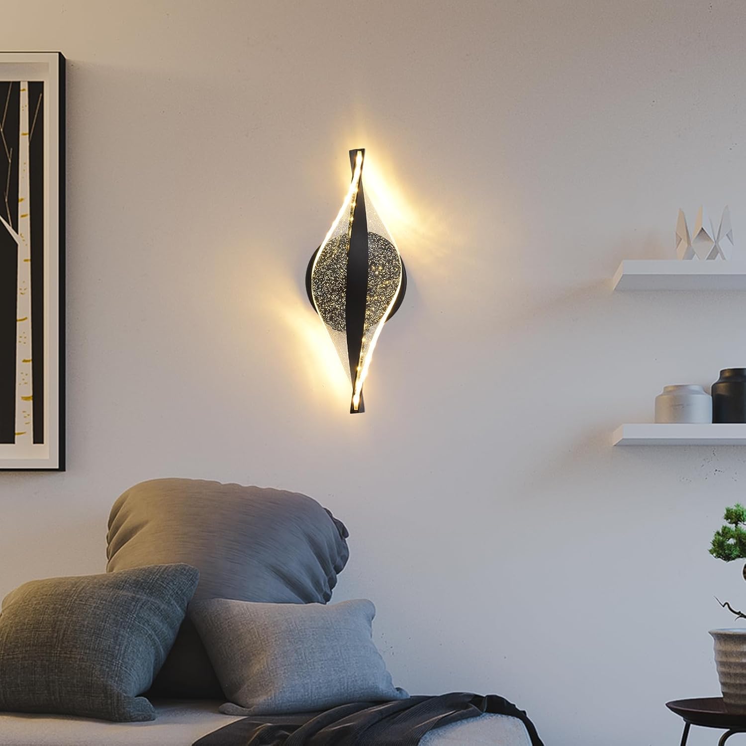 LED Wall Sconces Set of Two Battery Operated, 5000mAh USB Rechargeable Black Acrylic Wall Lights with Remote, Dimmable Wireless Wall Lamp for Living Room, Bedroom, Hallway,11.8 Inch