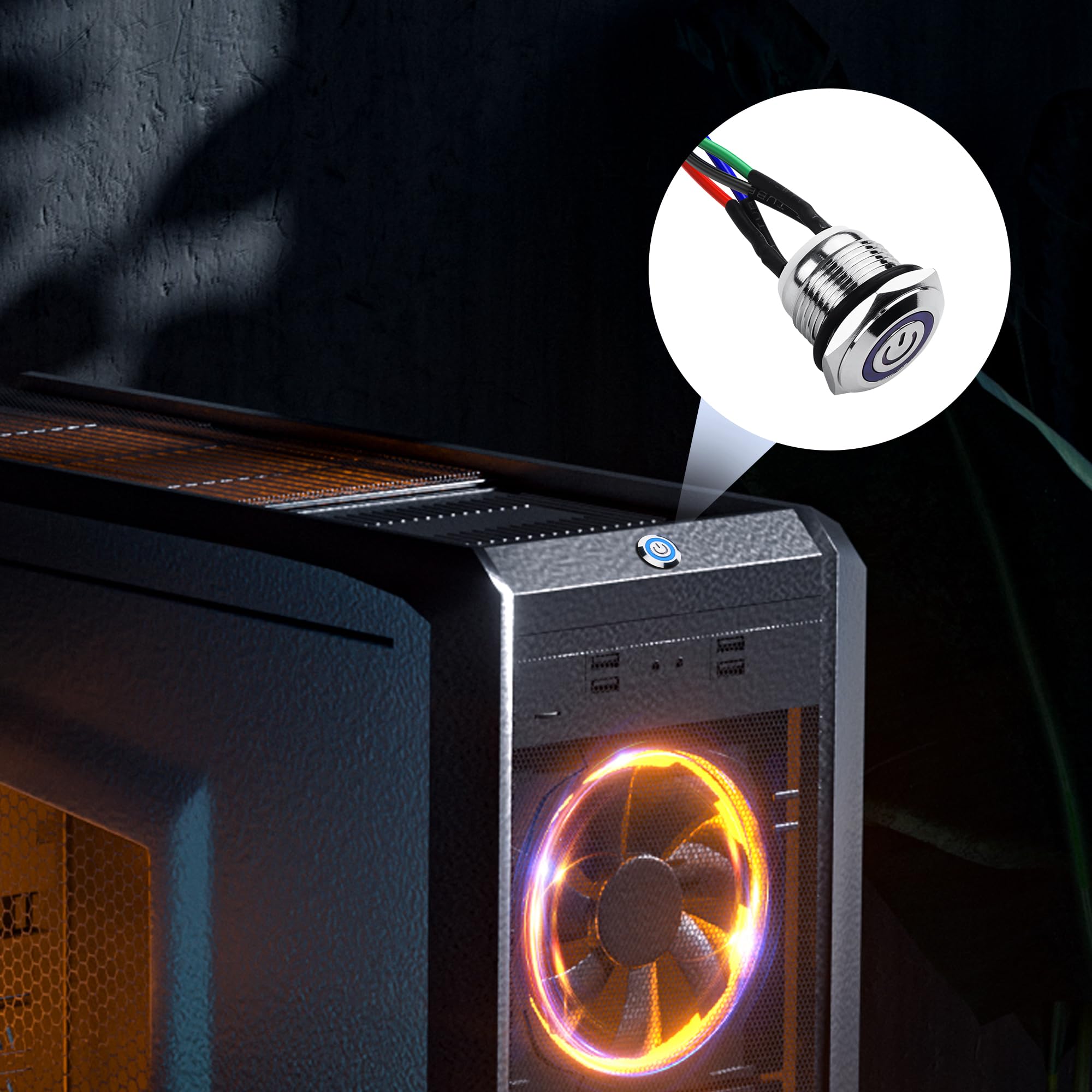 SinLoon Przełącznik komputerowy DIY przycisk zasilania 16 mm LED PC przełącznik zasilania z rozdzielaczem 1 w 2 niklowany aluminiowy przycisk mechaniczny IP67 wodoodporny (niebieskie podświetlenie