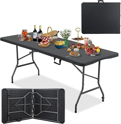 XXkseh Mesa plegable de 6 pies, mesa plegable portátil para interiores y exteriores, de plástico resistente, mesa de picnic con función de bloqueo,