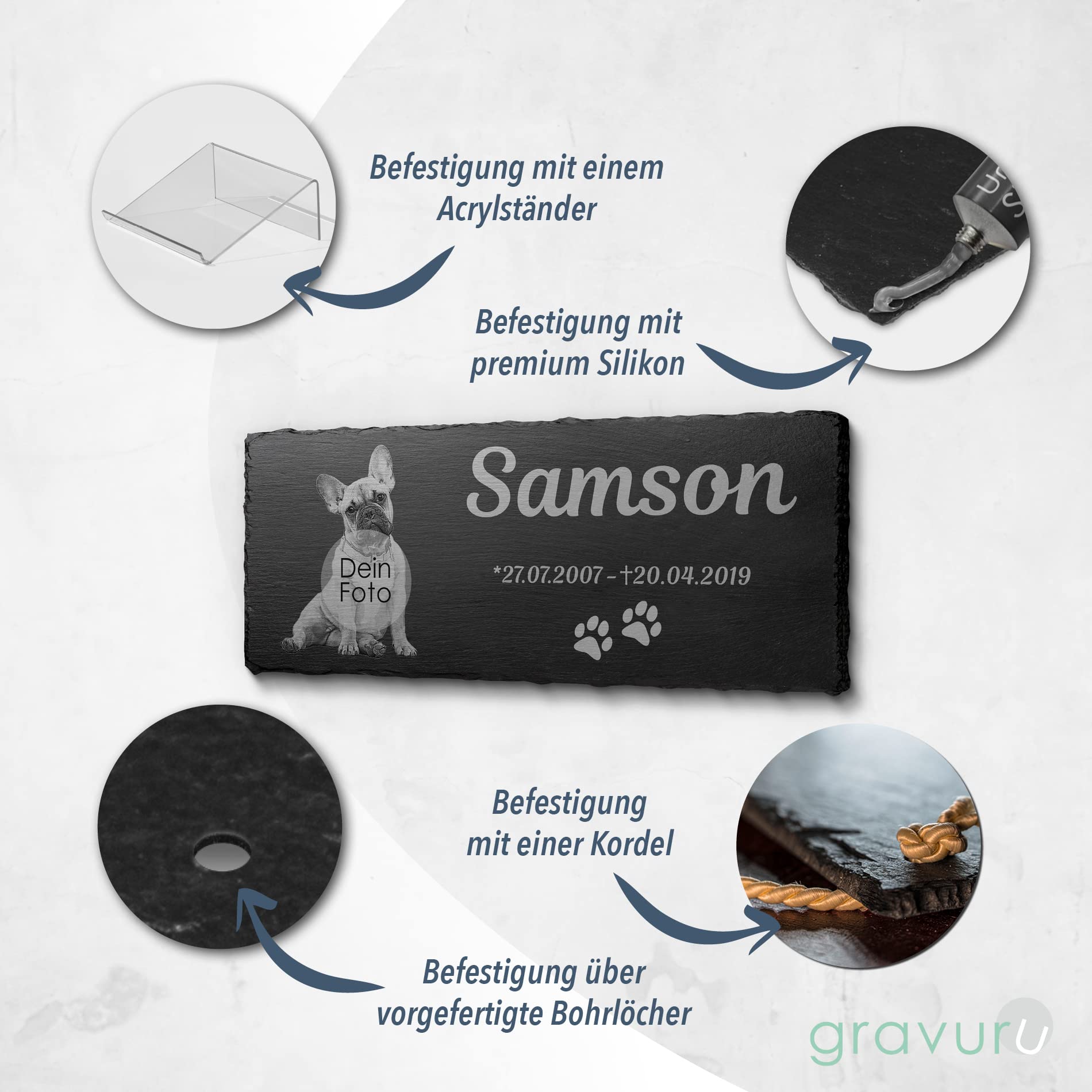 CHRISCK design Tier Grabstein Katze - Katzengrabstein aus Schiefer mit Gravur - Wetterfester Gravurschutz - Große Motivauswahl! - Grabplatte mit Foto - 22x14 cm o. 30x20 cm - Gedenkstein Hund
