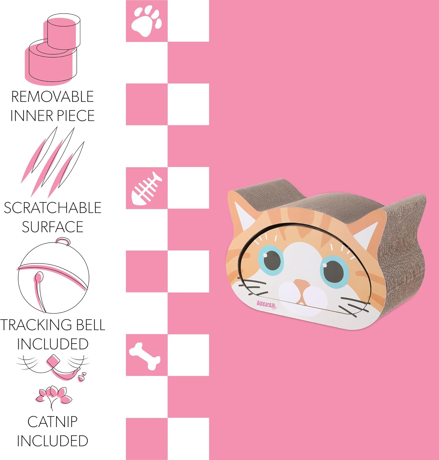 CSR1000C Opal 19" Modern Cardboard Happy Cat Head 2-in-1 Cat Cave Scratcher with Built-in Bell Toys and Catnip, Orange/Blue