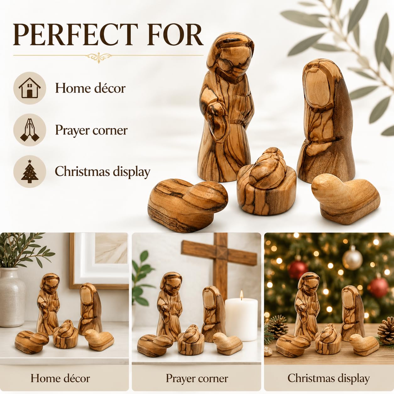 Zuluf Petites figurines de la Sainte Famille en bois d'olivier – Joseph, Marie et Bébé Jésus – Crèche de Noël en bois pour décoration d'intérieur