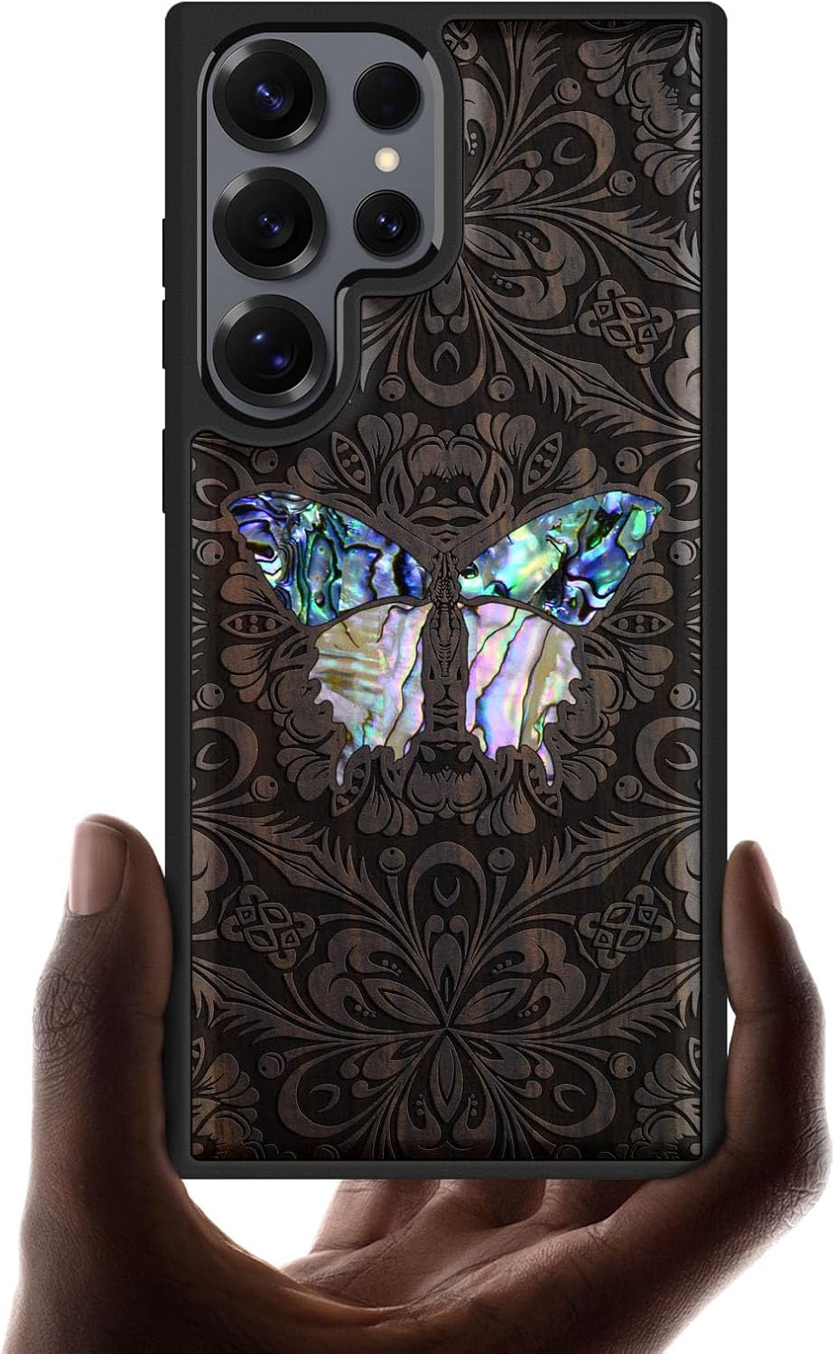 Carveit Magnetic Wooden Case for Samsung Galaxy S25 Ultra Case, Wood Artisan Engraved & Handmade Shell Inlaid, Compatible with MagSafe Wireless Chargers (Baroque Butterfly) Blackwood