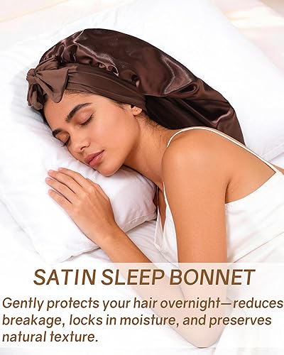Miniatura 7 de AWAYTR Gorro largo de satén para trenzas, gorro elástico de seda para dormir, banda de amarre elástica para mujeres (marrón)