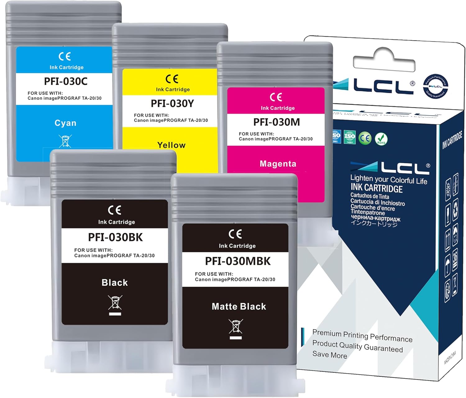 LCL Compatible Pigment Ink Cartridge Replacement for Canon PFI030 PFI-030 PFI-030MBK PFI-030BK PFI-030C PFI-030M PFI-030Y for Canon ImagePrograf TA-20 TA-30 Printer (5-Pack KCMYMBK)