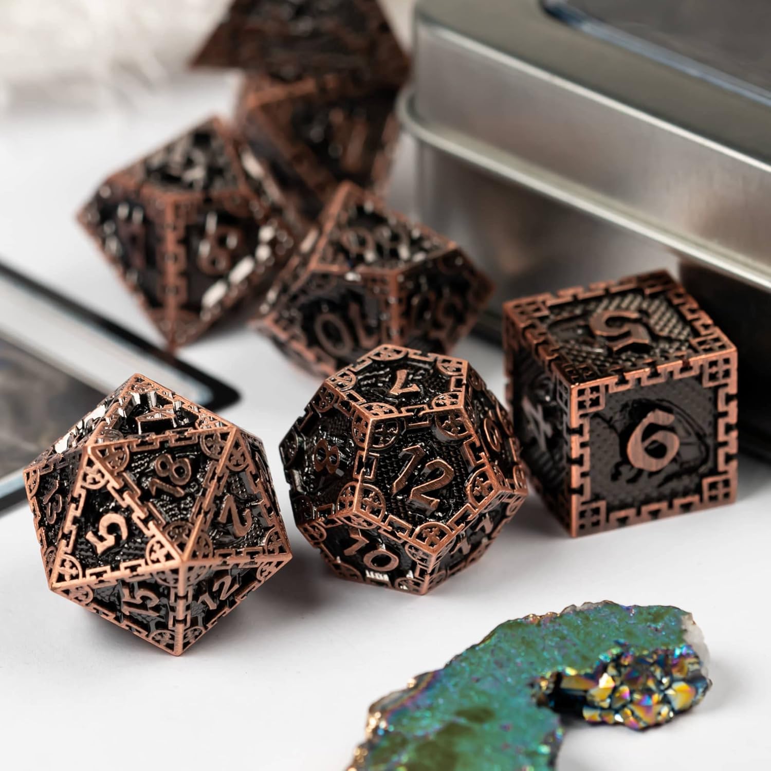 UDIXI 7-Die Metal Dice Set, Polyhedral DND Dice Set for Role Playing Game and Other Tabletop Game (Ancient Copper)