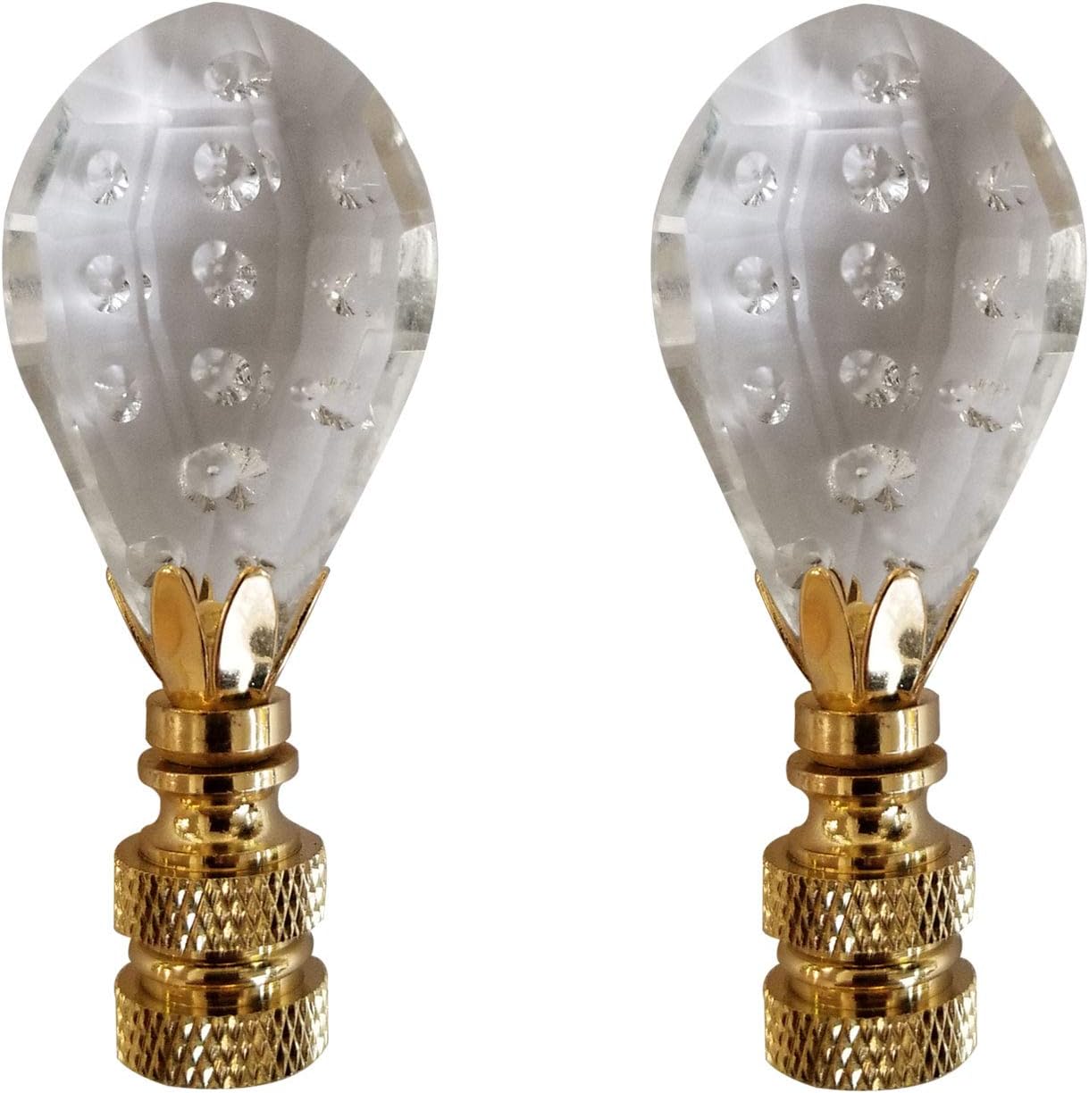 Royal Designs Balloon Shaped with Dot Design Lamp Finial, Clear Faceted Crystal, Polished Brass Base - Set of 2