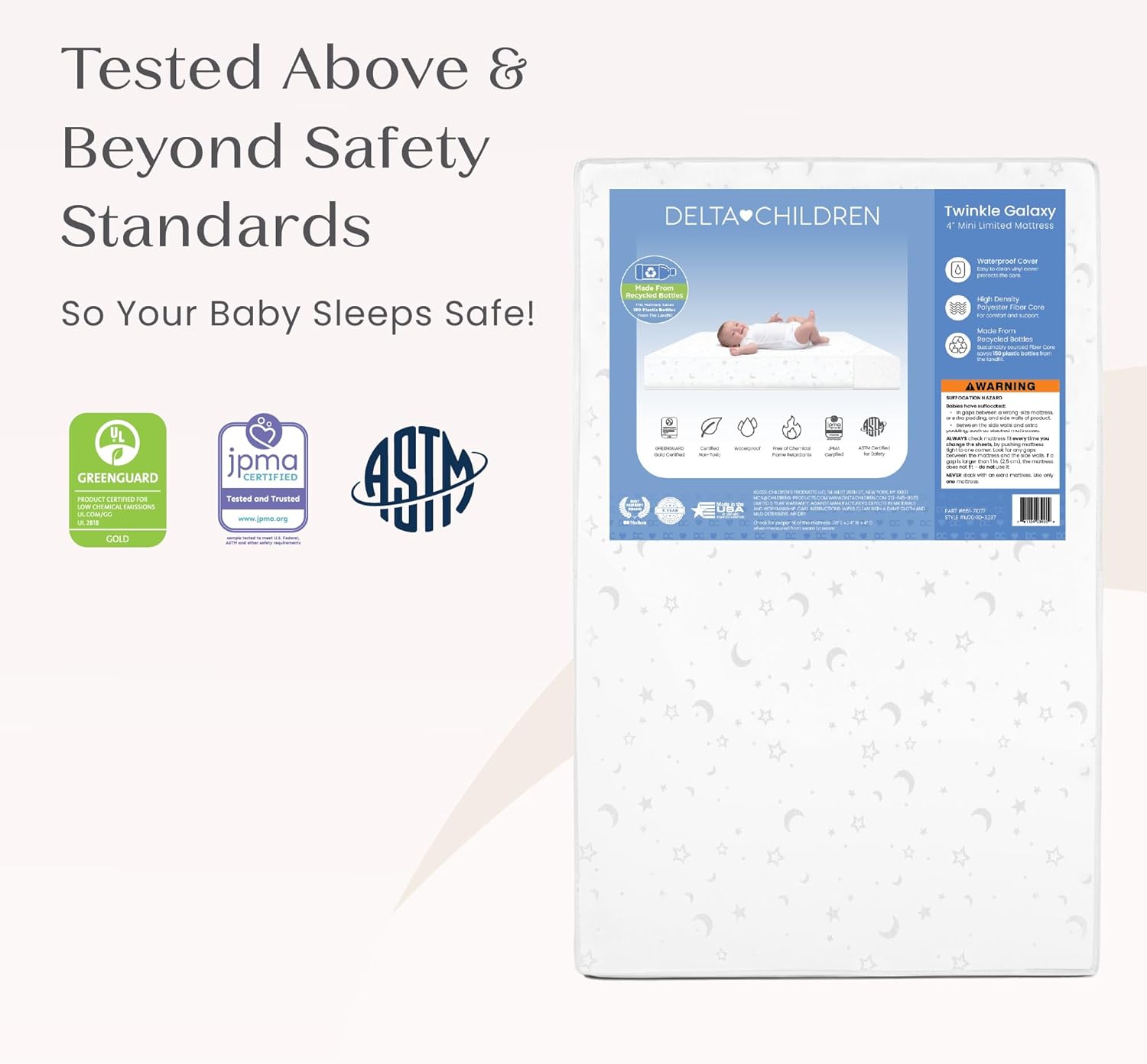 Delta Children Twinkle Galaxy Limited 4-inch Mini Crib Mattress - Premium Sustainably Sourced Fiber Core - Waterproof - GREENGUARD Gold Certified (Non-Toxic) - 5 Year Warranty - Made in USA