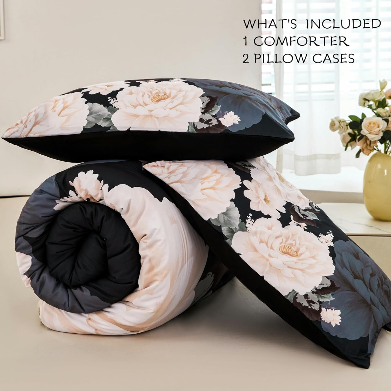 RYNGHIPY Cream Flowers Printed Comforter Set Queen Size Lightweight Soft Microfiber Bedding Set 1 Comforter 2 Pillocases (Black Beige,Queen Size) - Image 5
