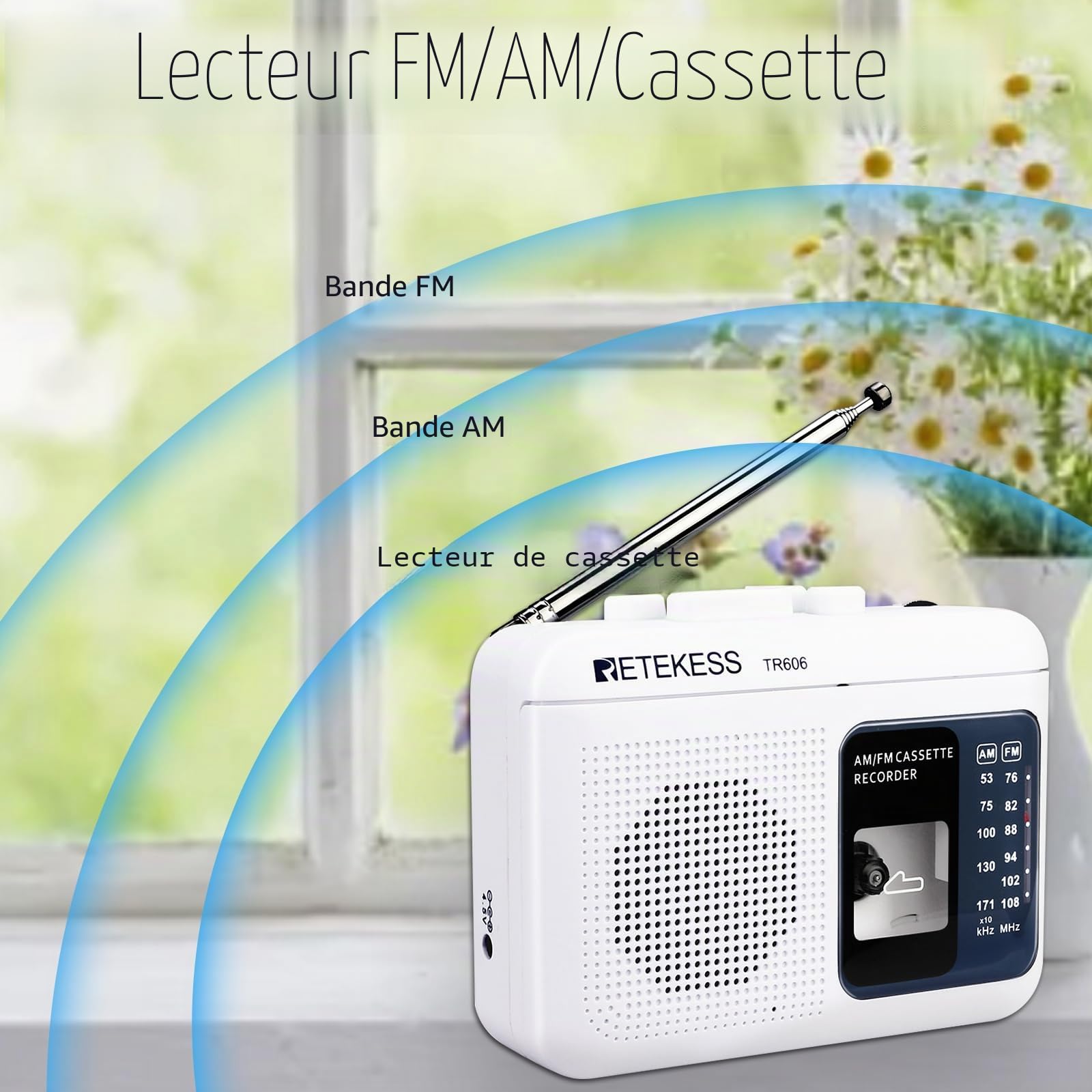 Retekess TR606 Radio Cassette Portable et Enregistreur, Poste Radio FM AM, Enregistreur à Cassette, Prise Casque 3,5mm, Avance et Retour Rapides, Cadeaux Entre Amis(Blanc)
