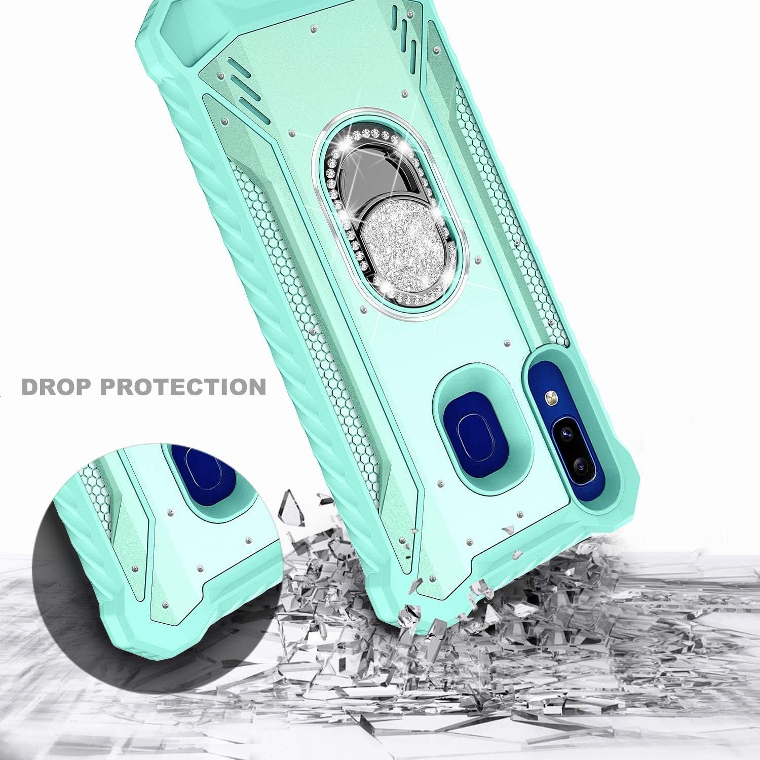 E-Began Case for Samsung Galaxy A20, A30/A50/A30s/A50s with Tempered Glass Screen Protector, Aluminum Magnetic Metal Built-in Diamond Ring Stand Holder, Full-Body Protective Phone Case -Teal