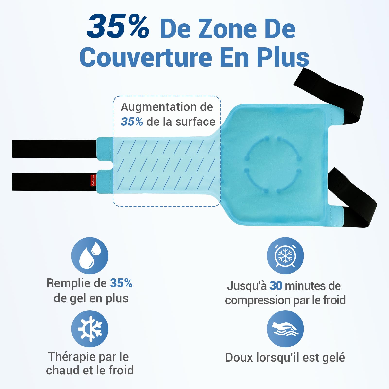 Comfytemp Grande Poche de Glace pour Genou Réutilisable, Thérapie par Compresses Froides pour les Blessures, Soulagement de la douleur, la Chirurgie de Remplacement, l'Arthrite, Gonflements, Entorses