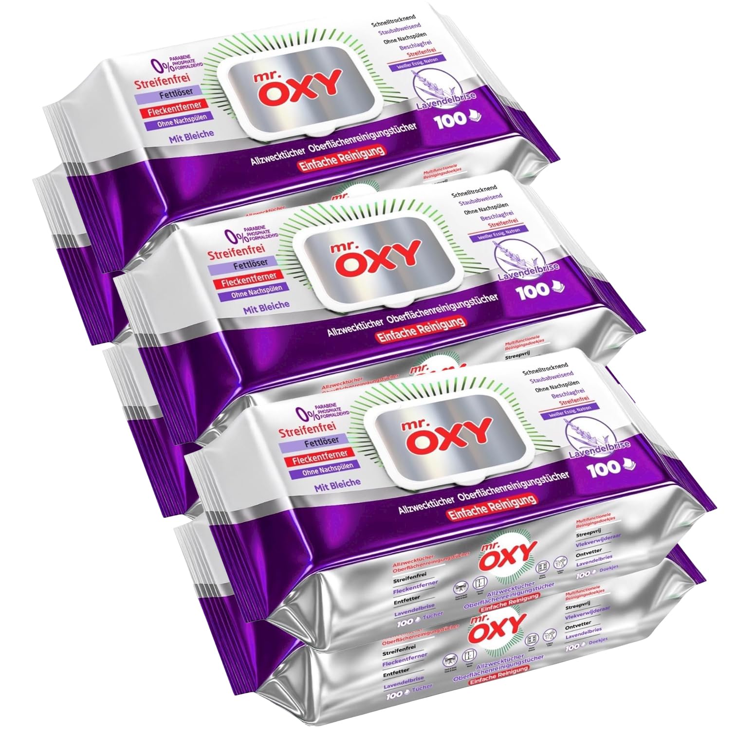 Mr. OXY Maxima Toallitas de limpieza multiusos – Sin rayas, desengrasante y secado rápido, aroma a brisa de lavanda – con vinagre blanco y bicarbonato de sodio – Sin enjuague, fácil limpieza (paquete
