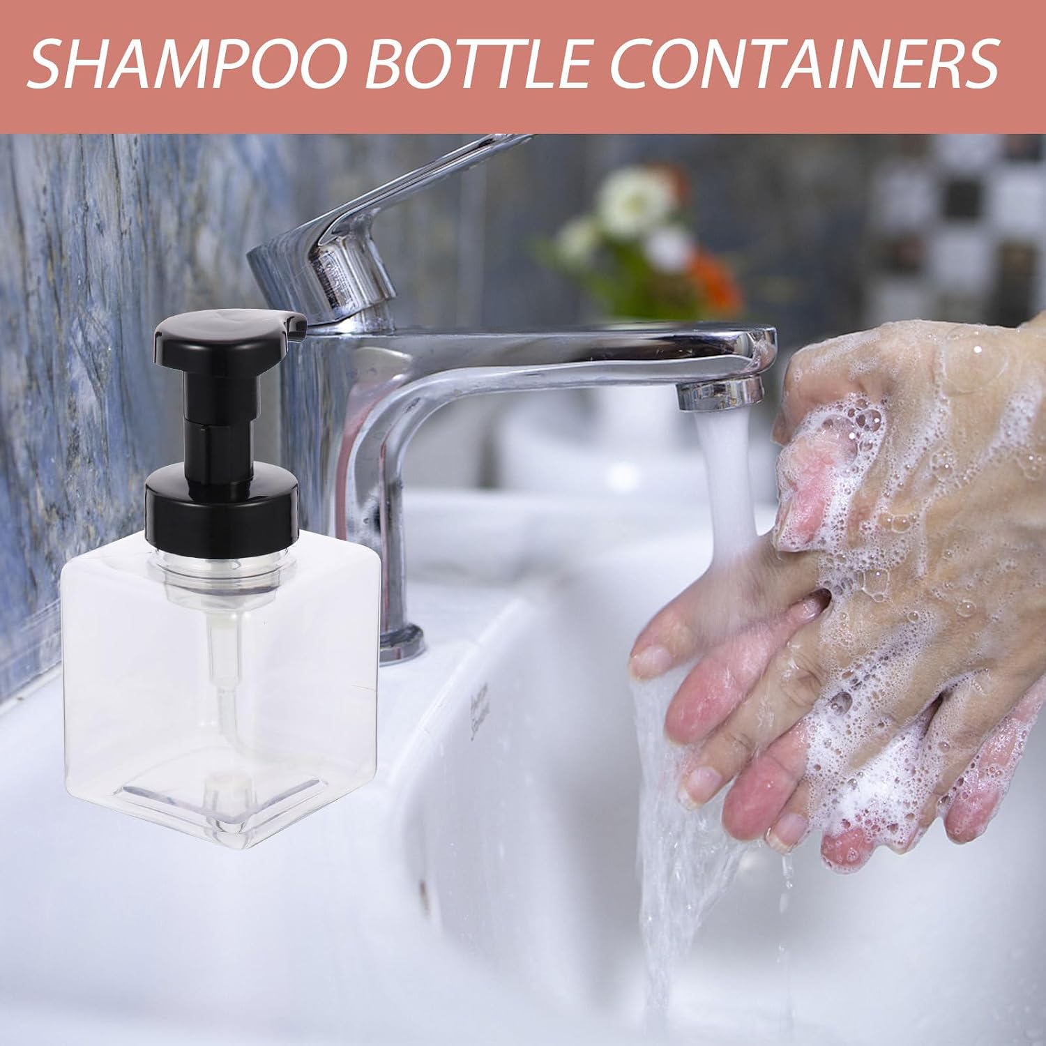 NUOBESTY 5pcs 250ml Pet Square Pump Bottles for Hand Soap and Shampoo Dispenser with Black Pump Heads, Countertop Bathroom Foam Soap Bottles for Daily Use image 4