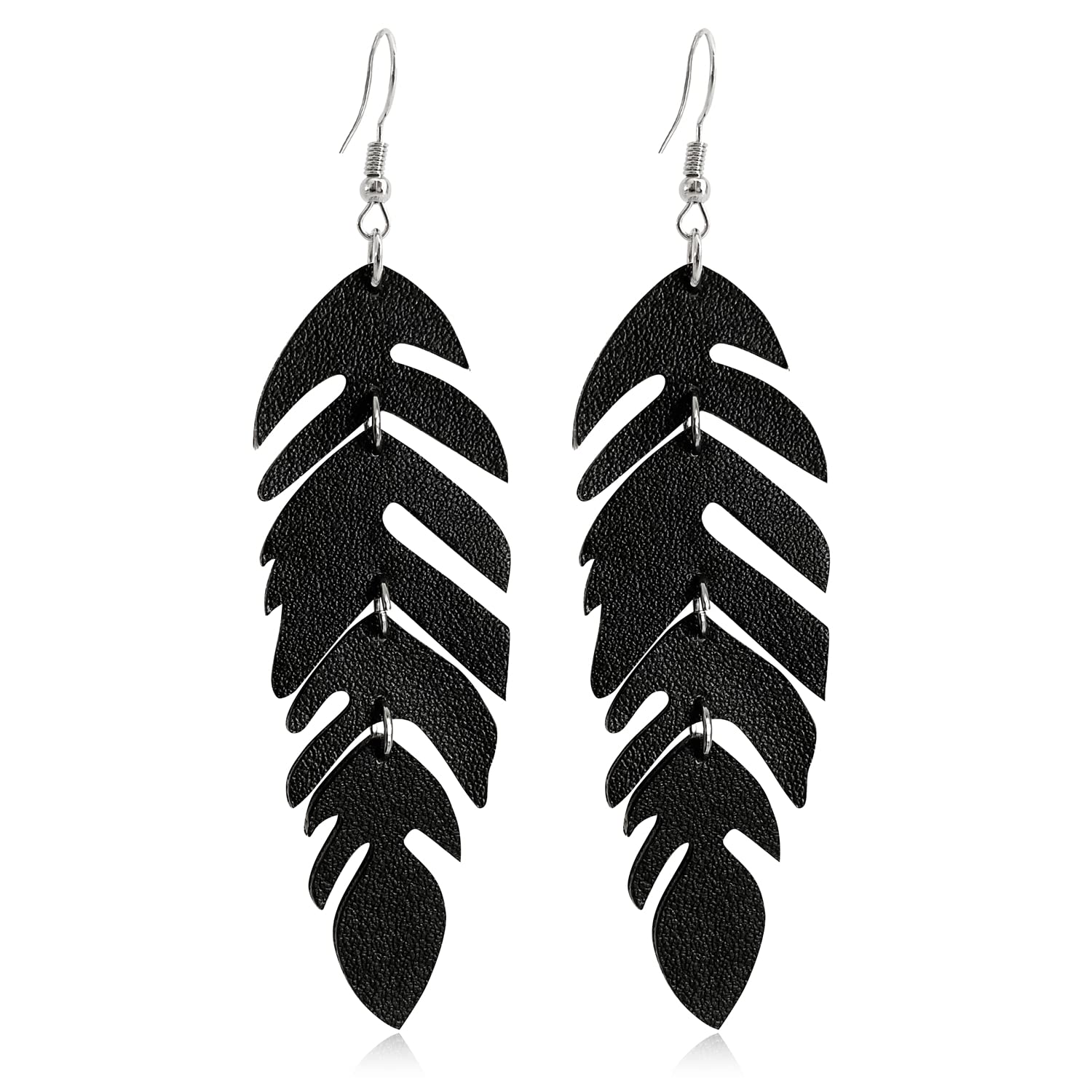 Chic Handmade Lightweight Genuine Leather Dangle Drop Earrings Bohemian Dainty Sparkly Chain Feather Hook Earring for Women Statement Jewelry Gifts