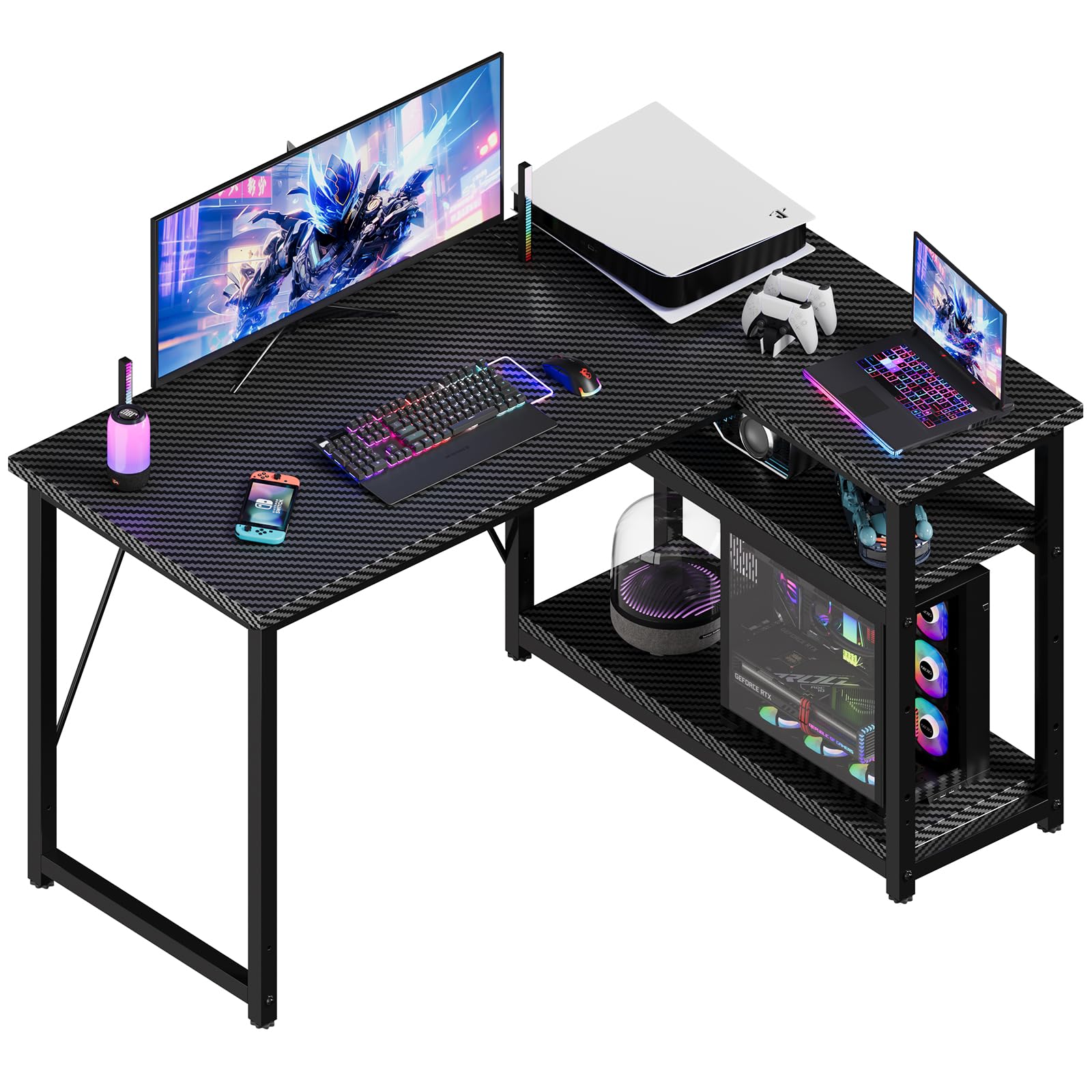 JUMMICO Small L Shaped Desk 100x80cm with Storage, Corner Computer Desk with Reversible Shelf, Sturdy Office Desk & Workstations for Home Office, Carbon Fibre Black