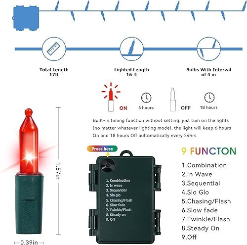 Miniatura 4 de Guirnalda de luces de Navidad con temporizador integrado, 2 paquetes de 50 luces LED de 17 pies de mini batería para exteriores, interiores, patio,