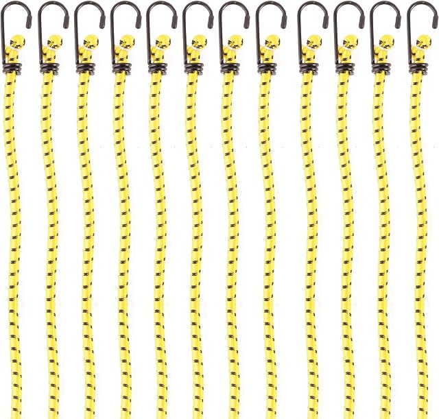Pretex Heavy Duty Bungee Cords with Hooks - Set of 12 - Extra Strong Bungees for Luggage & Camping Universal Tie Down Cord Straps - 58.42 cm (23 inch) Length x Yellow