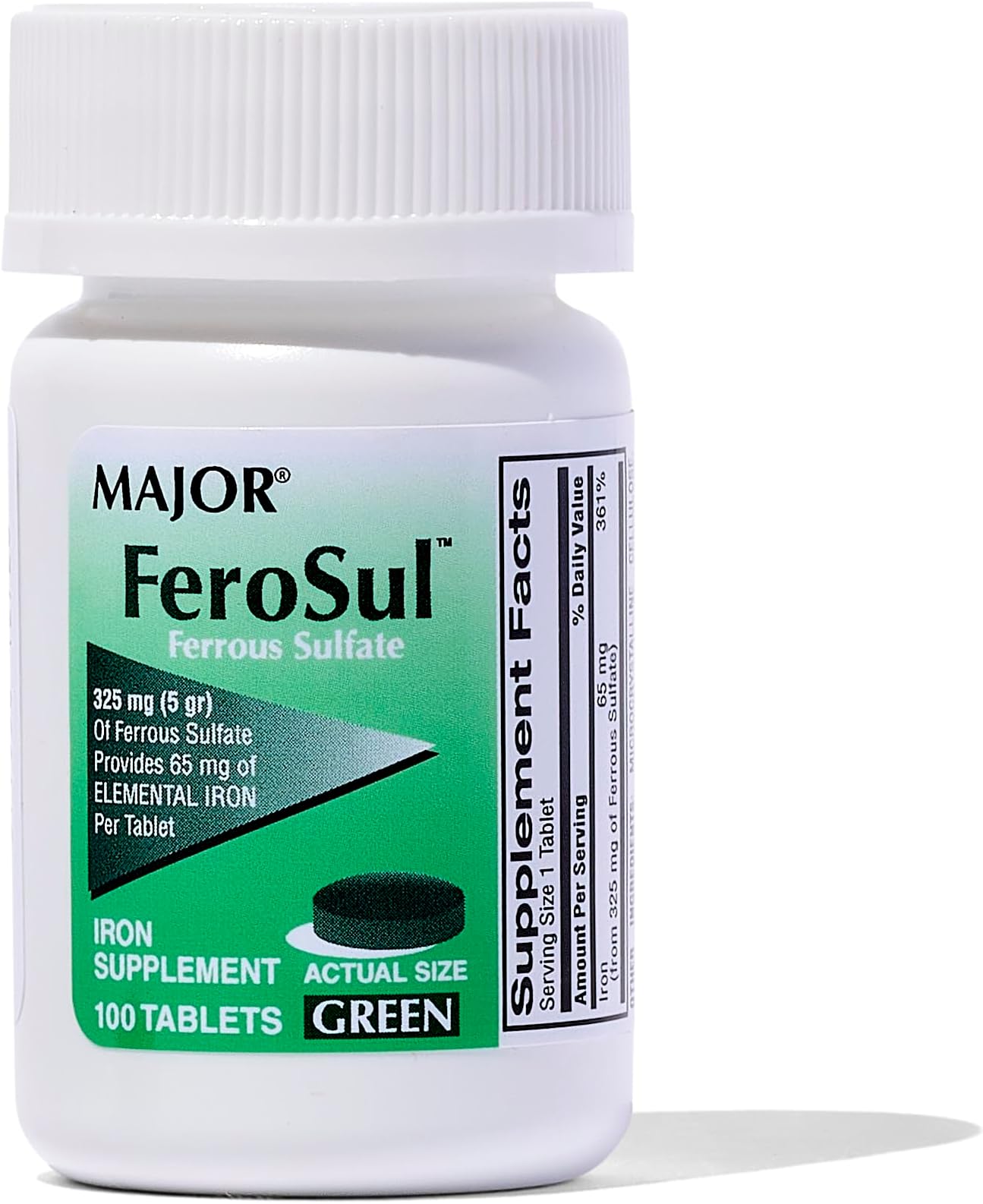 Major Ferosul - Ferrous Sulfate 325mg Tablets with 65mg of Elemental Iron - Iron Supplement for Women, Men - Green - 100 Count