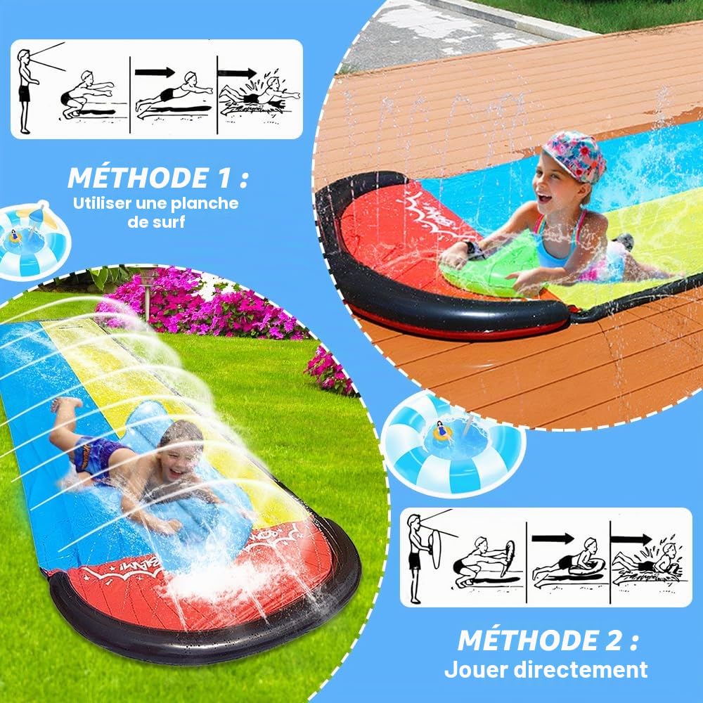Double piste d'eau, 600 cm, avec 2 planches gonflables, toboggan aquatique de jardin double avec arroseur pour enfants et adultes, toboggan aquatique pour l'extérieur, jouet aquatique d'été