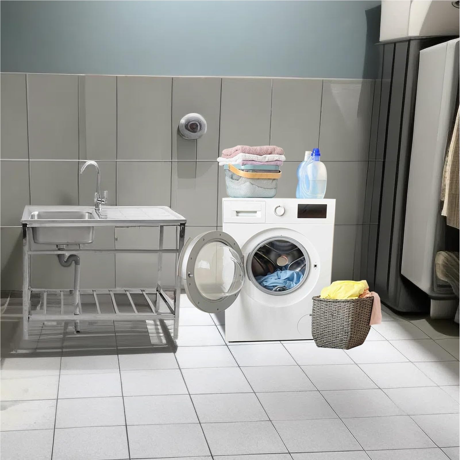 Edelstahl Spülbecken Outdoor Mobile Spüle Freistehende Spülbecken Küche Waschbecken Mit Wasserhahn & Schwammbürste Gewerbliche Spüle 75 × 40 × 75 Cm Für Garage Waschküche Campingküche