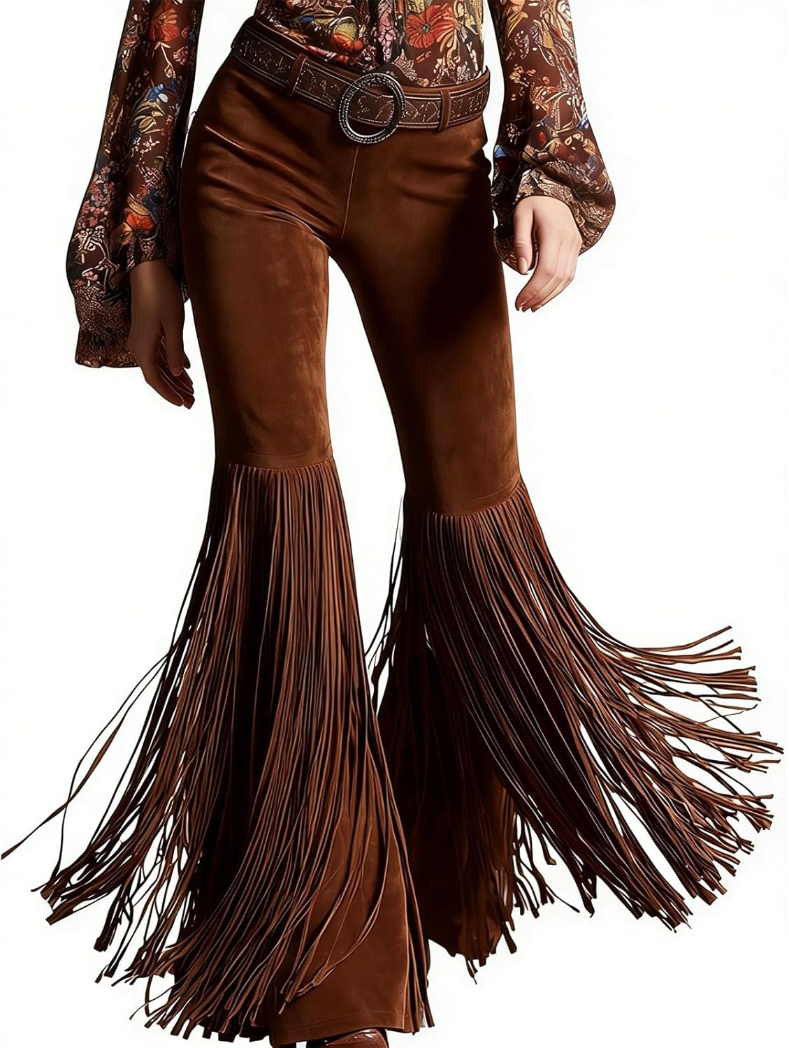 Western Tassel Suede Pants, Vintage Brown Fringe Flared Long Pants for Women