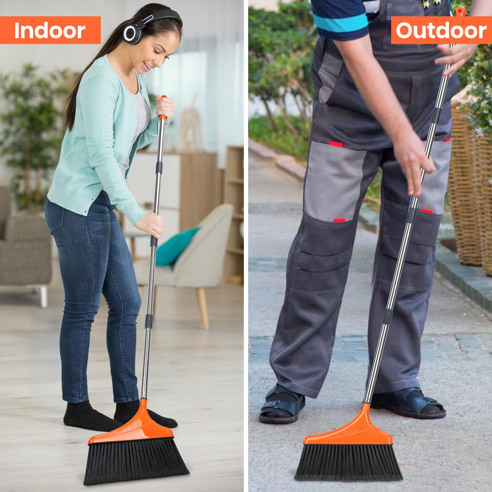 Paquete de 4 escobas angulares resistentes para limpieza de suelos con cabezal de 12 pulgadas de ancho y mango largo de 52 pulgadas para interiores y exteriores, para habitación, garaje, cocina,