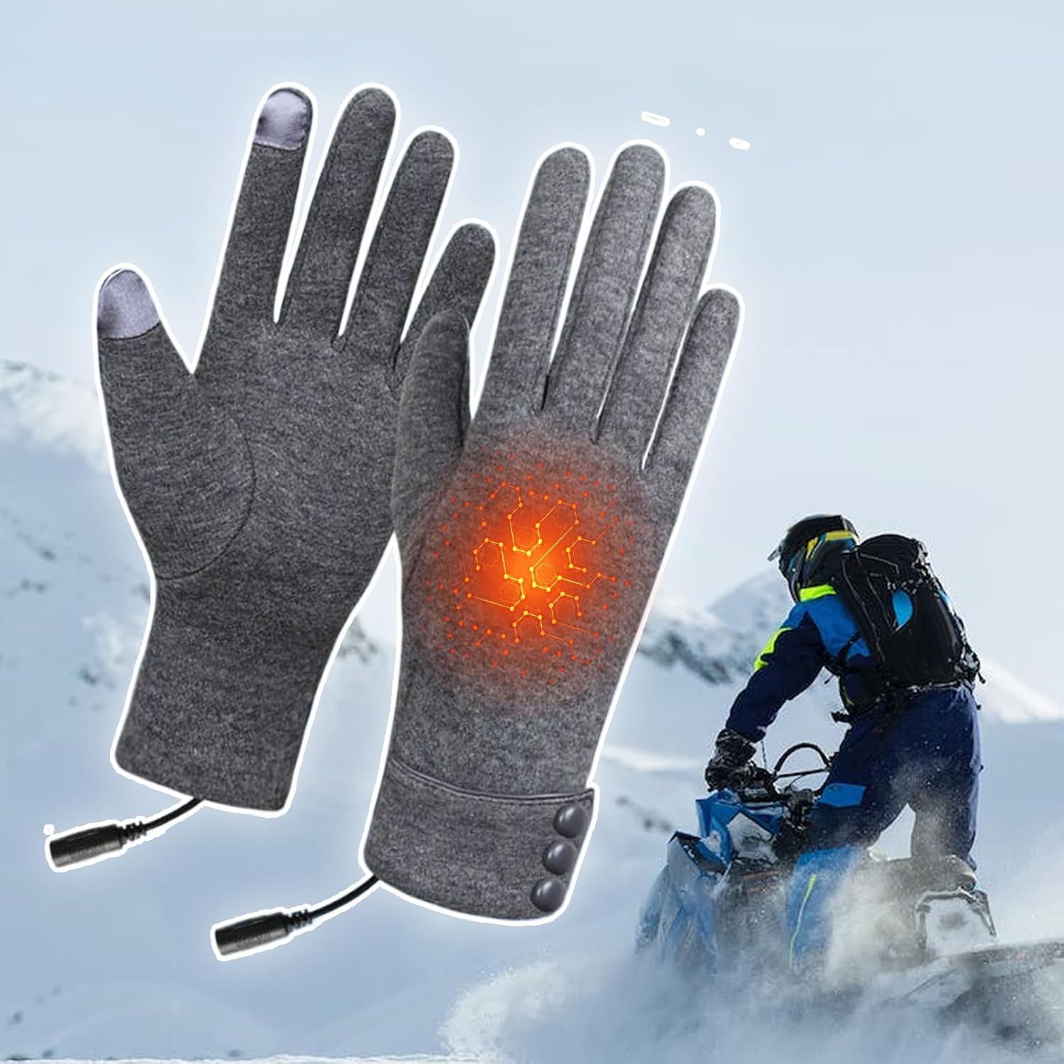 Heated gloves showing size and features