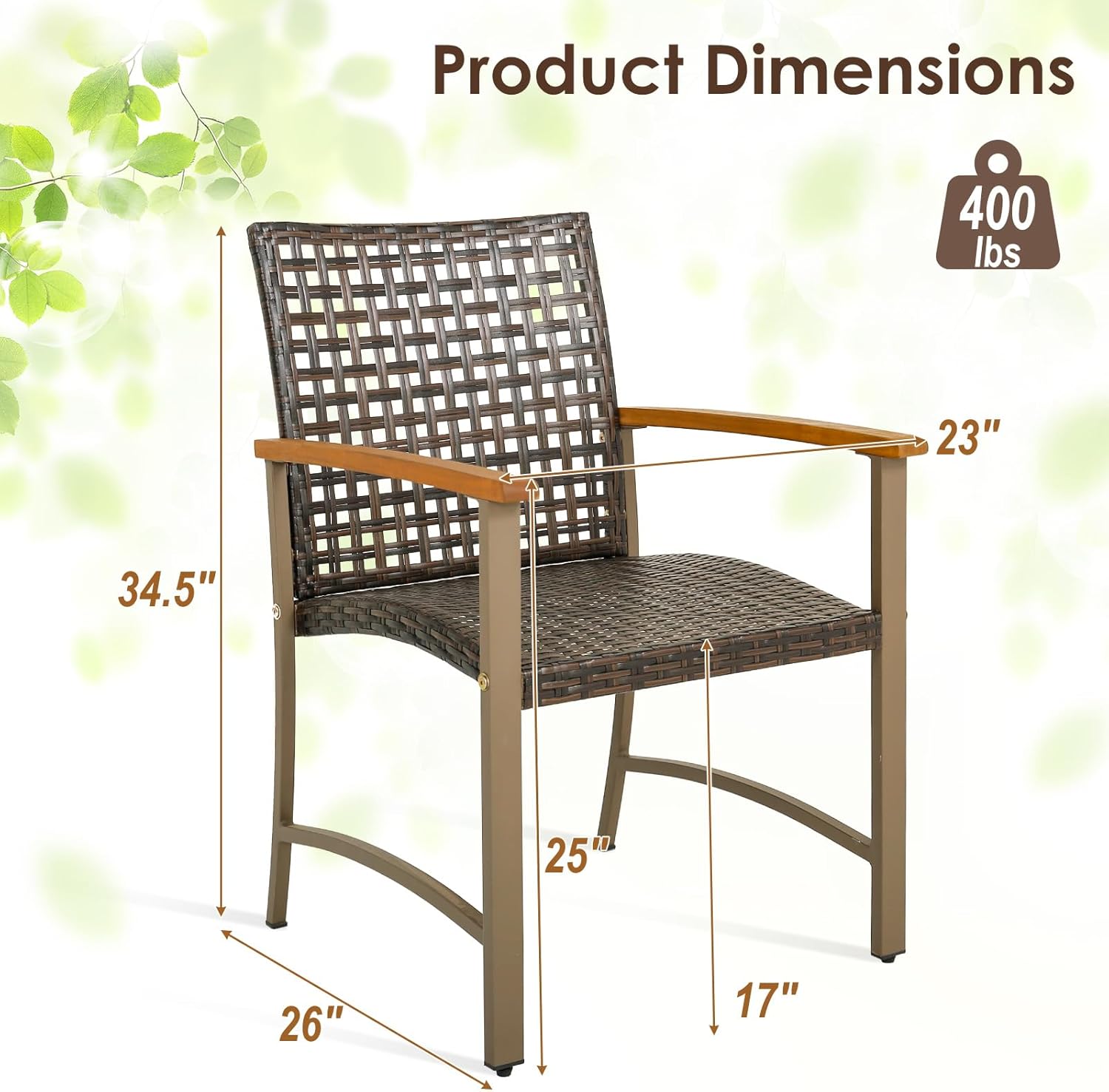 HAPPYGRILL Outdoor Rattan Chair Set of 4, Patio PE Wicker Dining Chairs with Acacia Wood Armrests, Sturdy Metal Frame, Ergonomic Curved Seat, Outside Rattan Armchairs for Balcony Porch Poolside
