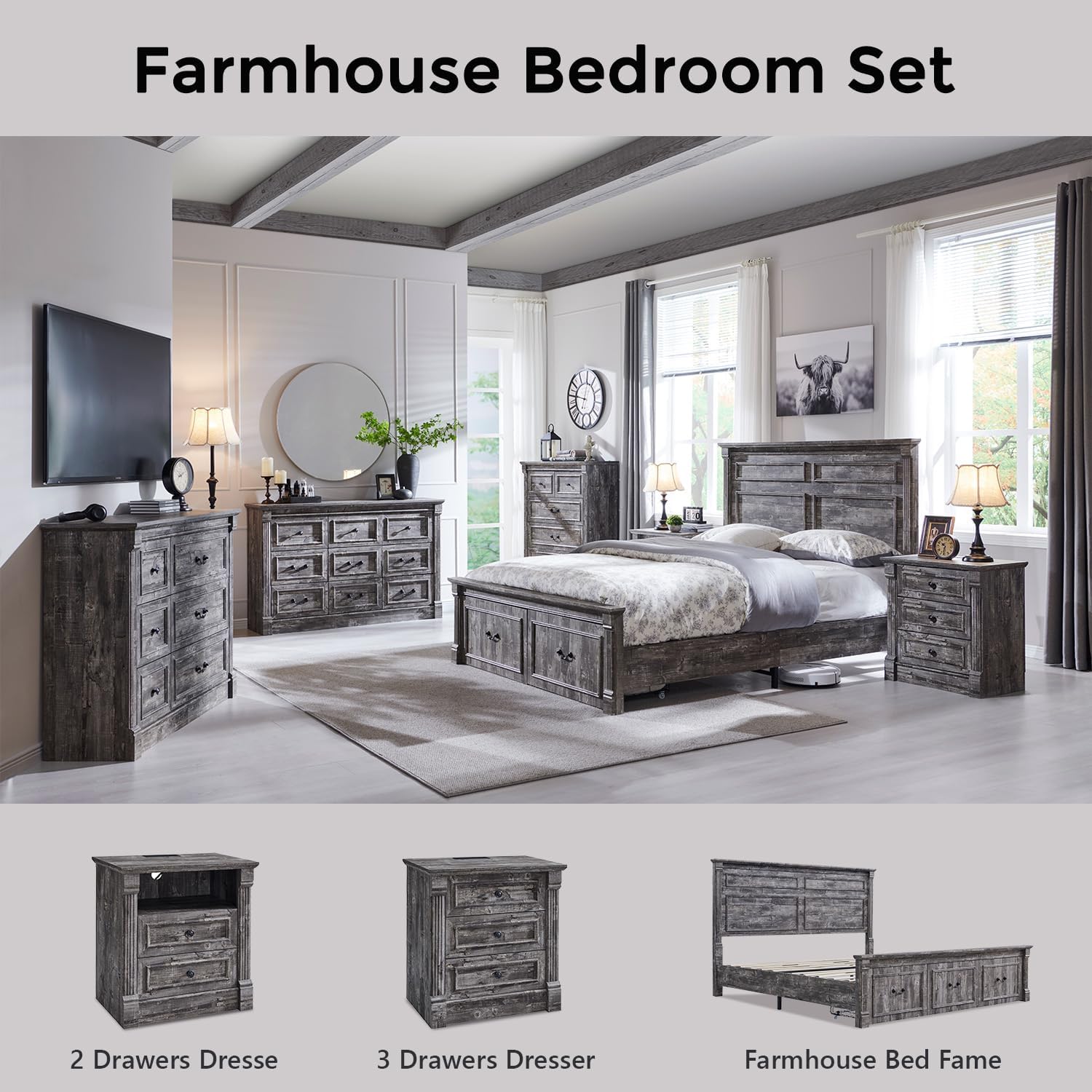 26" Tall Farmhouse Nightstand Set of 2, 3 Drawers End Table w/Charging Station, 23.6" Wide Large Side Table w/Roman Column, Wood Rustic Sofa Table for Bedroom, Light Gray - Image 7
