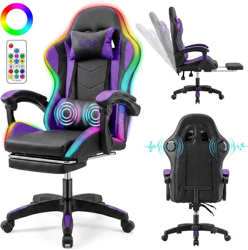 Silla Gaming con Luces LED RGB, Silla Ergonómica para Videojuegos | Silla para PC con respaldo alto con reposapiés y parlantes incorporados | Soporte lumbar y reposacabezas| Silla Gamer reclinable para adultos | Púrpura