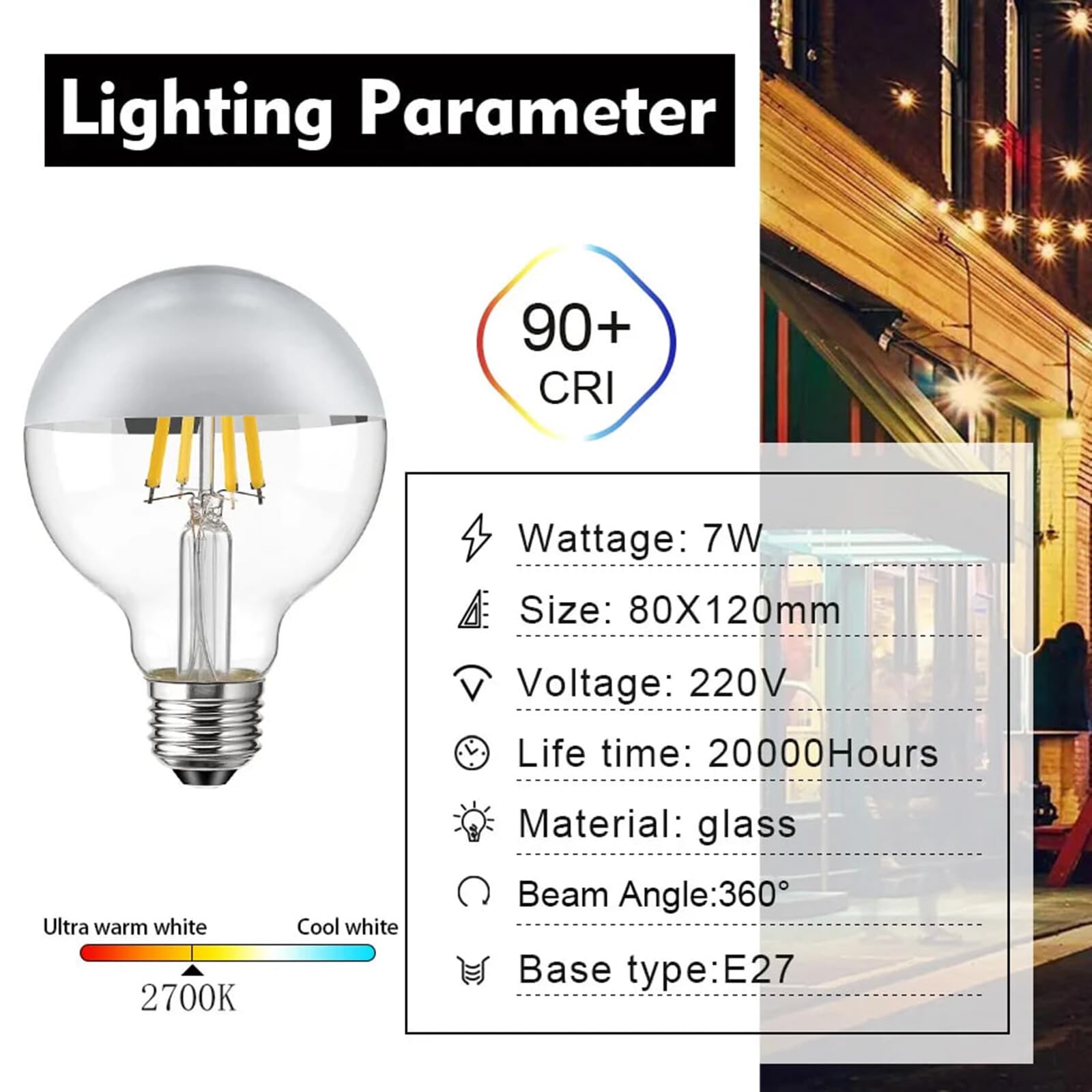 Bombillas LED G80 de espejo plateadas E27 7 W estilo retro Edison 2700 K blanco cálido con tapa plateada y medio cromado (paquete de 6)