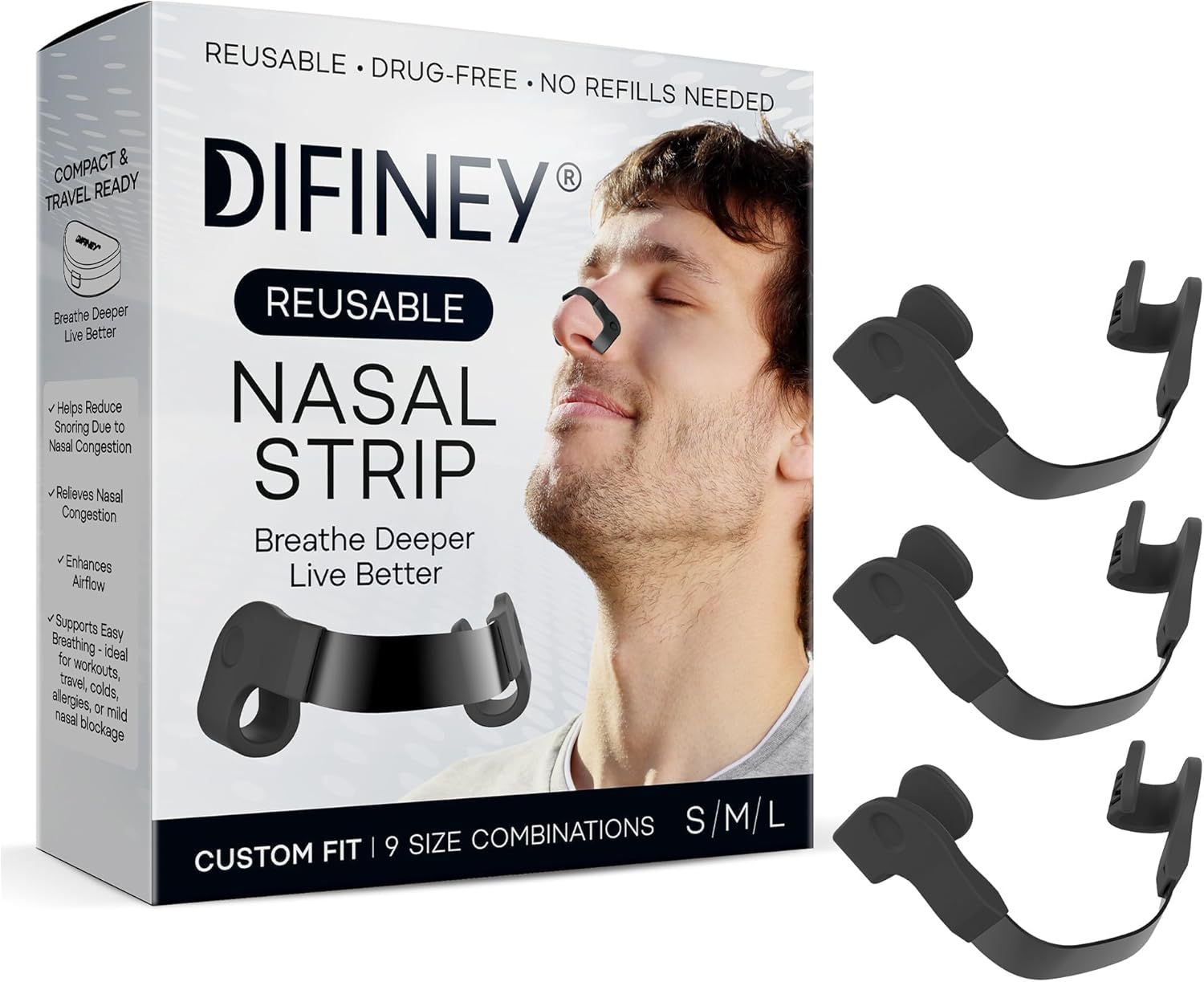 Difiney Reusable Nasal Strips for Breathing: Snoring Support, Max Strength Internal Nasal Opener, No Sticky Pads, Nose Strips Alternative, Bend-to-Fit Steel Bridge Nasal Dilators for Sleep