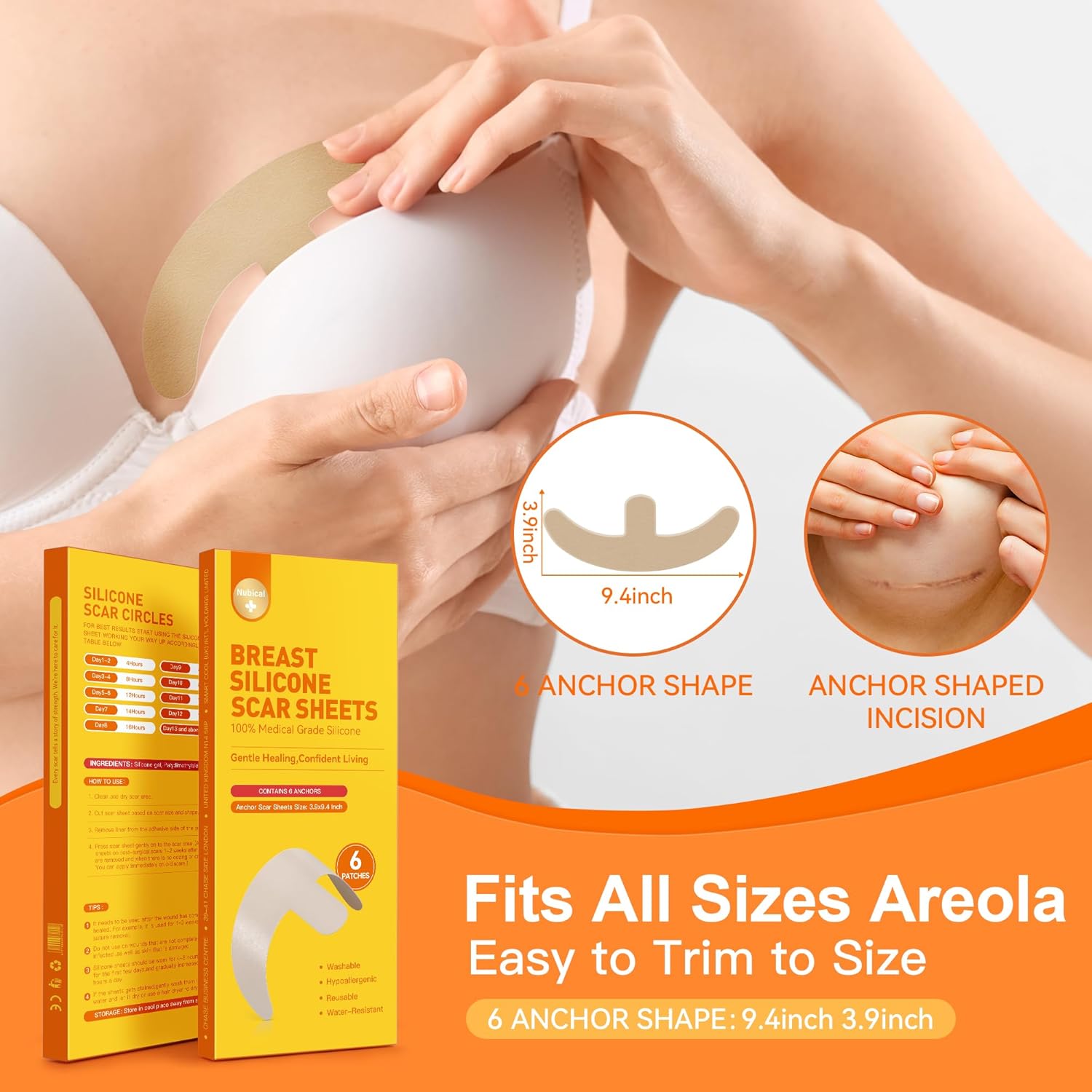 Silicone Scar Sheets for Breast - 6 Pack, Anchor Design for Precise Fit, Medical Grade & Reusable Breast Silicone Scar Tape for Surgical Scars (Yellow) - Image 4
