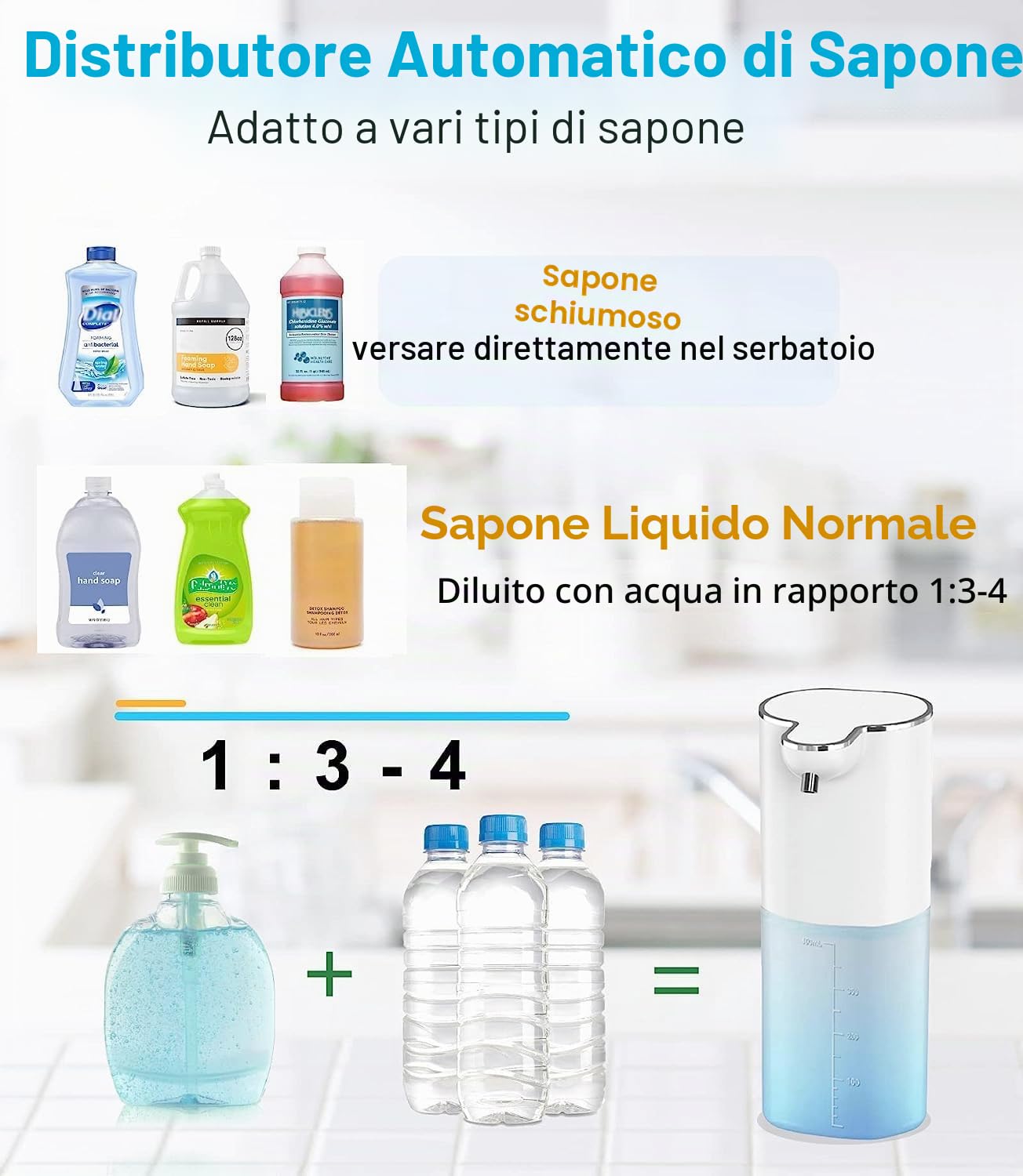 Sapone Liquido Automatico Senza Contatto Ricaricabile 400 ML con Supporto da Parete, 4 Volumi Schiuma Regolabile, Elettrico IPX5 Sensore Movimento Infrarosso, Pulizia Automatica