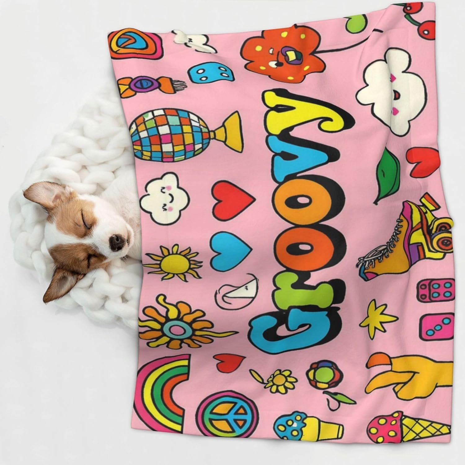Retro 70s Hippie Print Soft Plush Pet Blanket, Washable Dog Blanket, Cat Fleece Throw, Puppy Bed Crate Mat & Sofa Couch Protector - Large