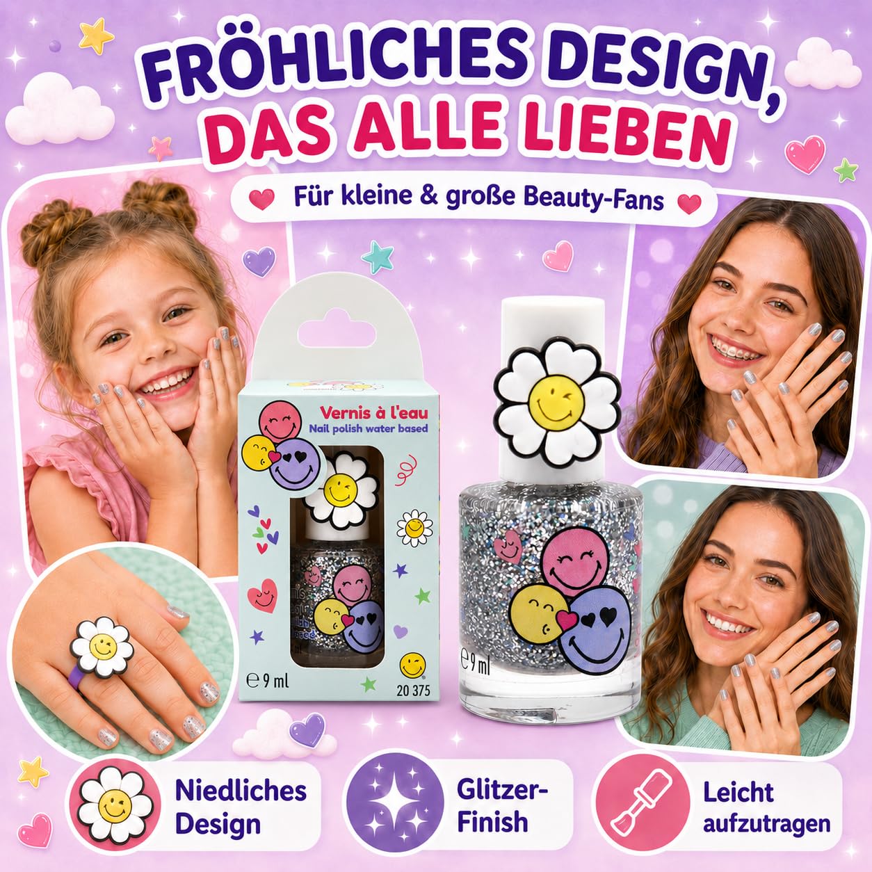 Smiley Esmalte de Uñas al Agua Peel Off Pack 2 – Esmalte No Tóxico Base Agua, Sin Olor, Secado Rápido y Fácil de Quitar – Maquillaje Infantil y Adultos – 2 x 9 ml